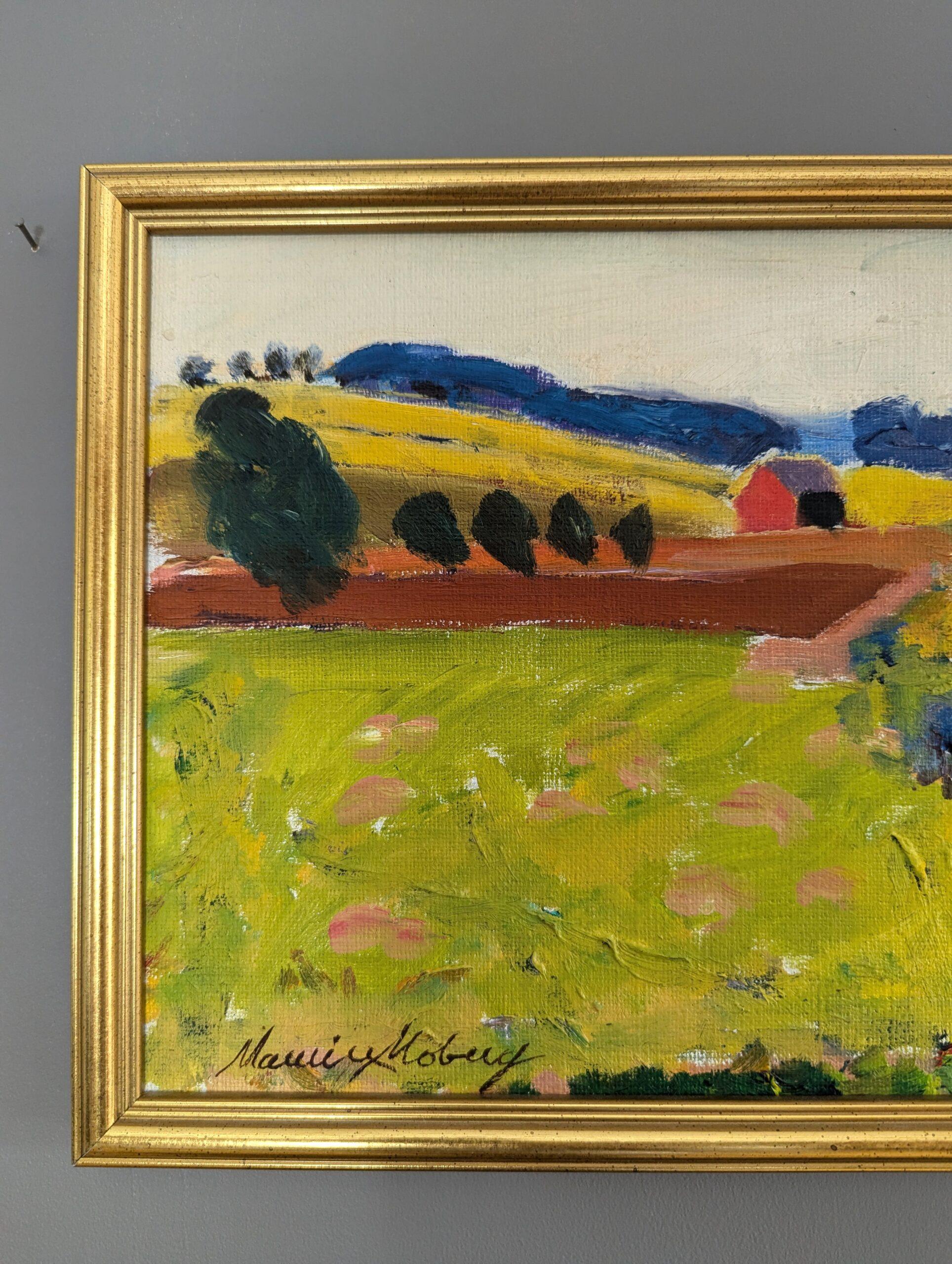 Vintage Mini Mid-Century Modern Landscape Framed Oil Painting - Fresh Fields For Sale 5