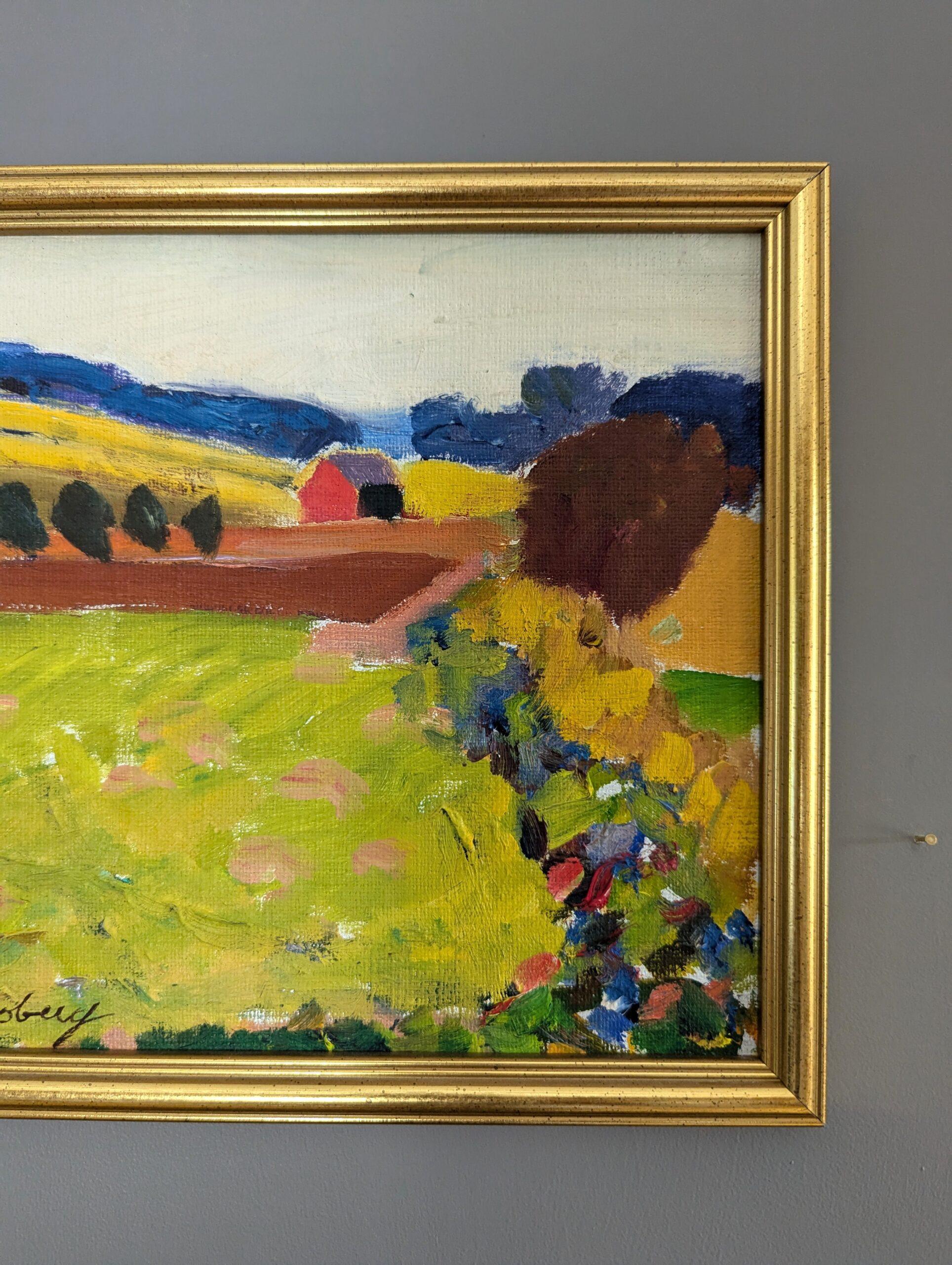 Vintage Mini Mid-Century Modern Landscape Framed Oil Painting - Fresh Fields For Sale 6