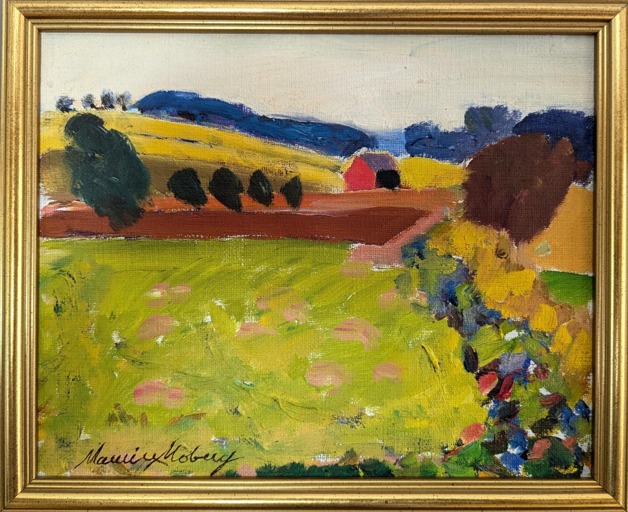Unknown Landscape Painting - Vintage Mini Mid-Century Modern Landscape Framed Oil Painting - Fresh Fields