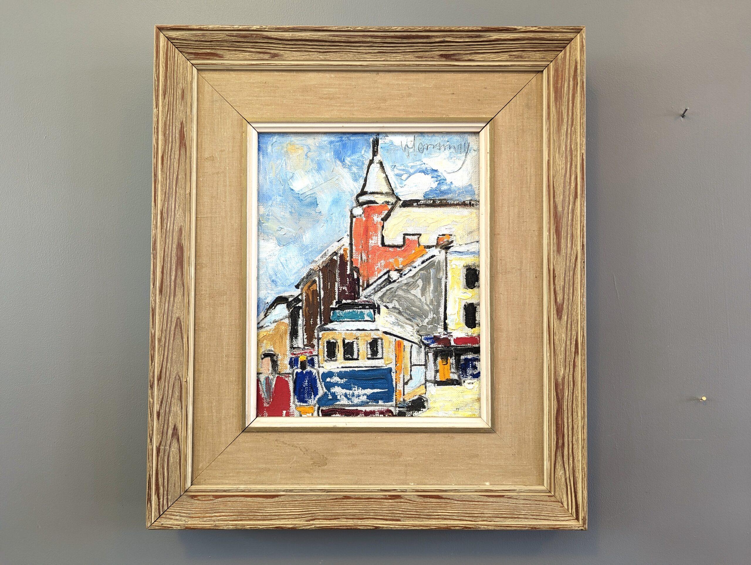 THE TRAM
Size: 38 x 33 cm (including frame)
Oil on Canvas

A small yet very striking modernist street scene composition, executed in oil onto canvas.

The painting depicts a bustling scene in a city with a tram and some figures strolling in the