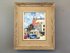Vintage Mini Mid-Century Modern Street Scene Framed Oil Painting - The Tram