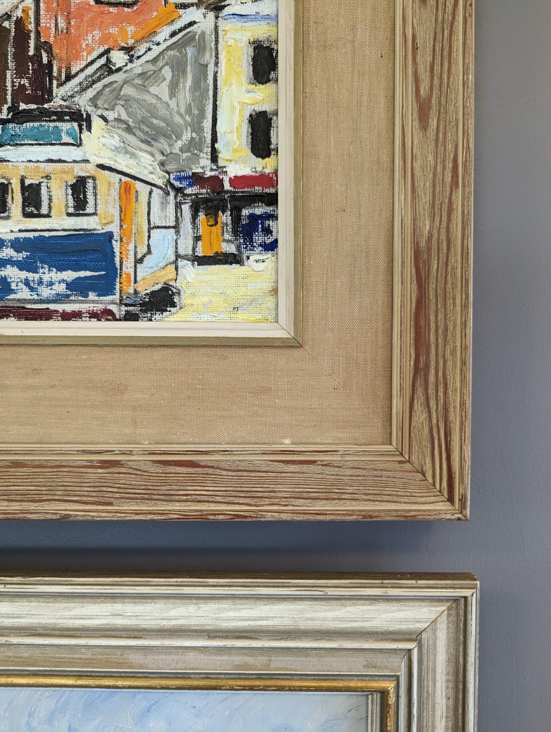 Vintage Mini Mid-Century Modern Street Scene Framed Oil Painting - The Tram For Sale 3