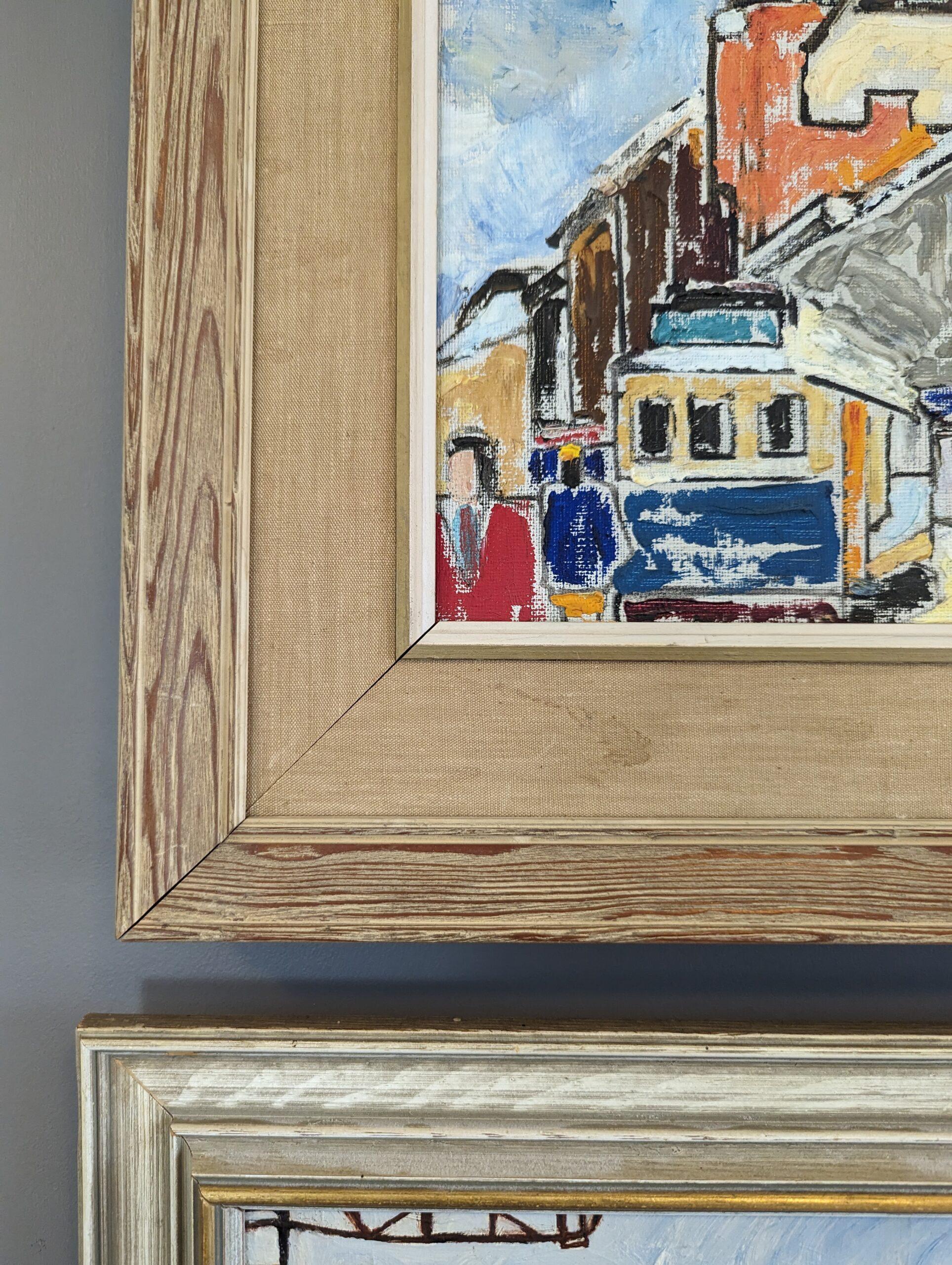 Vintage Mini Mid-Century Modern Street Scene Framed Oil Painting - The Tram For Sale 5