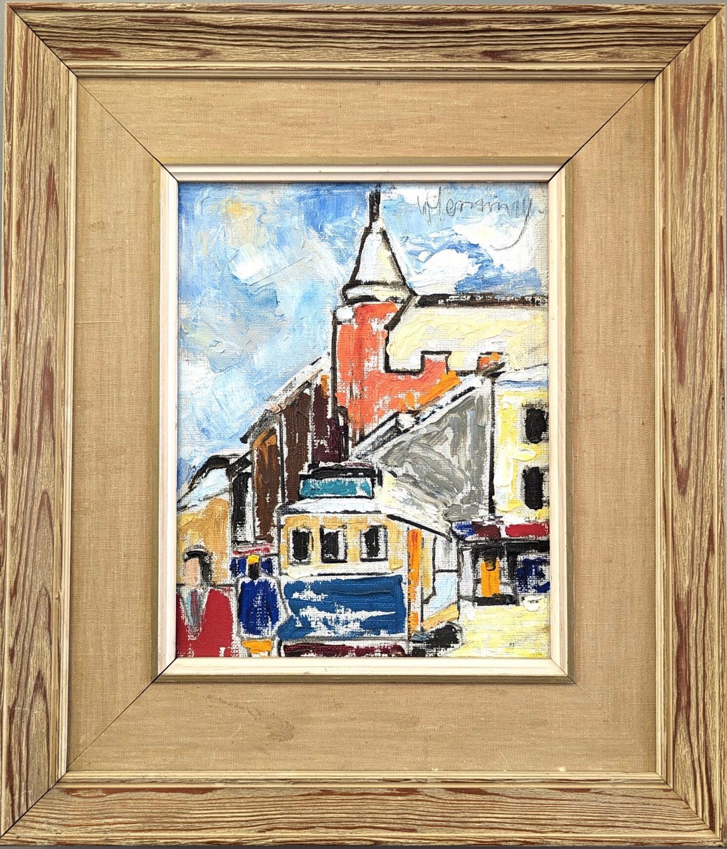Unknown Landscape Painting - Vintage Mini Mid-Century Modern Street Scene Framed Oil Painting - The Tram