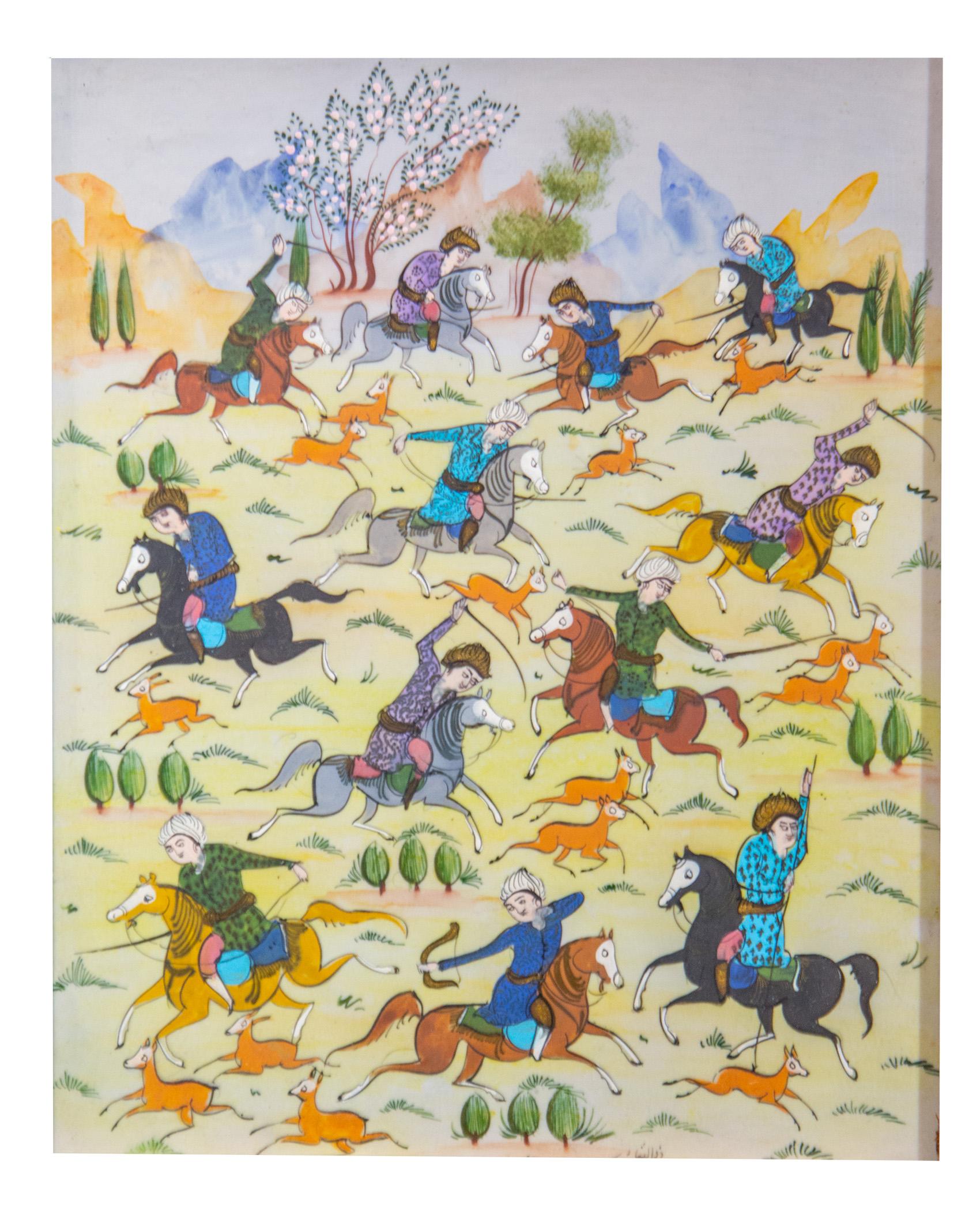 Vintage Miniature Persian Painting of Hunters on Horseback For Sale 1