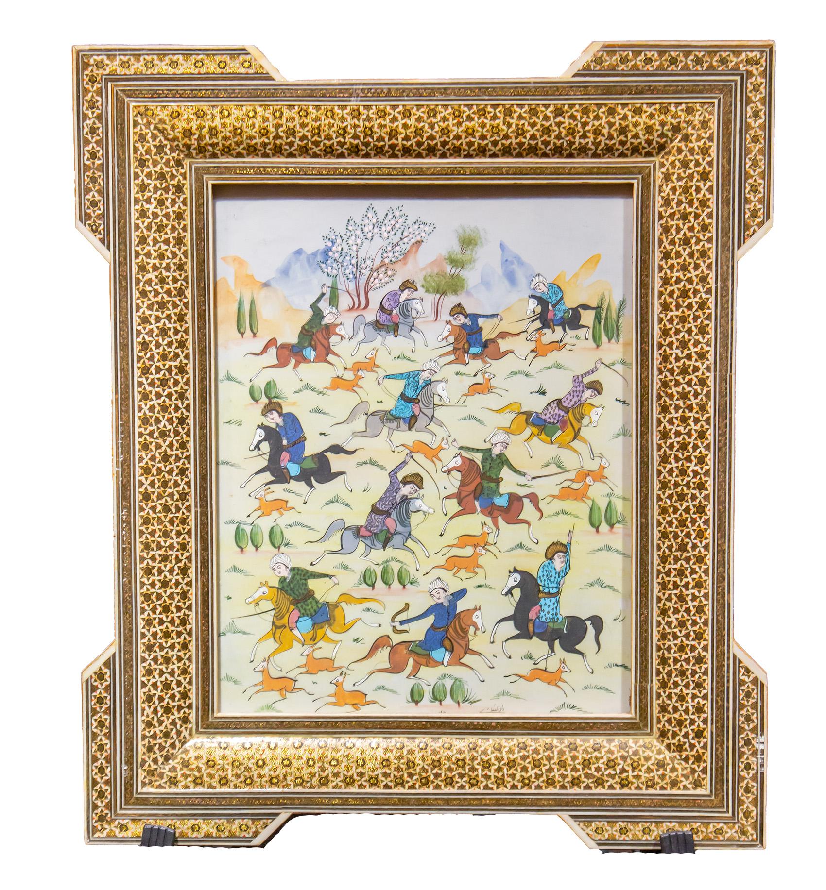 Vintage Miniature Persian Painting of Hunters on Horseback For Sale 2