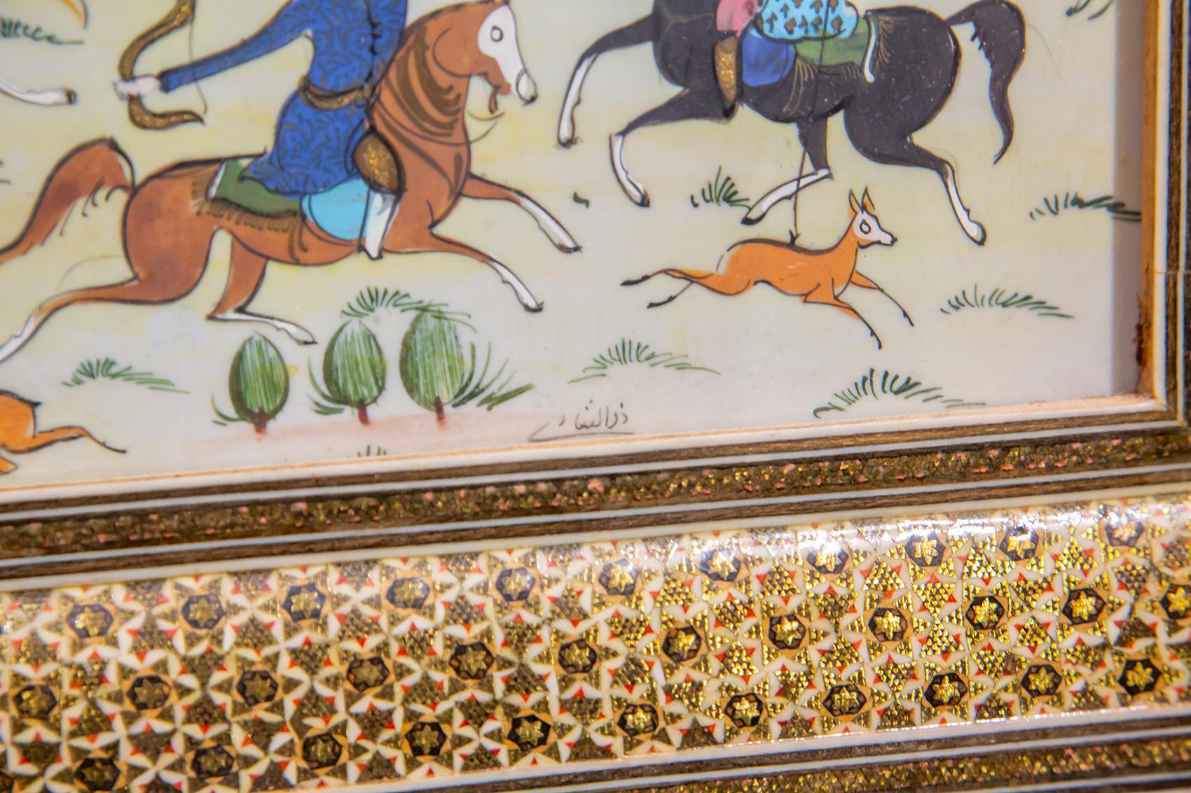 Vintage Miniature Persian Painting of Hunters on Horseback For Sale 4