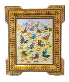 Vintage Miniature Persian Painting of Hunters on Horseback
