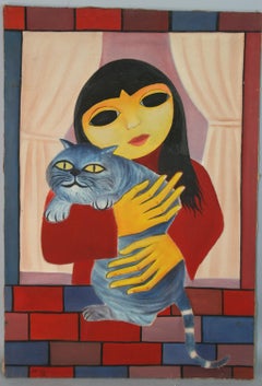 Ragazza francese in stile vintage-moderno con gatto blu, olio su tela, 1972