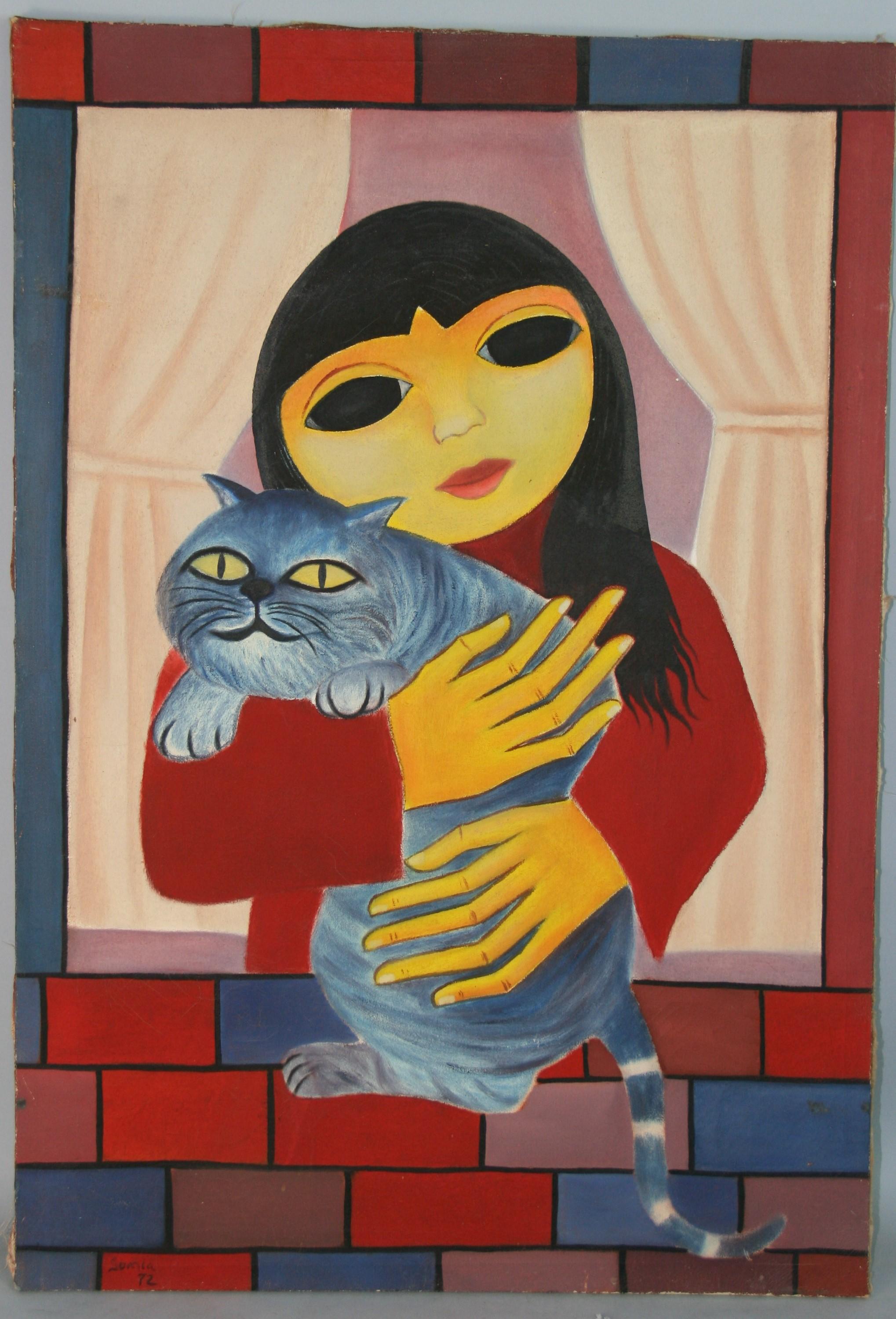 Unknown Figurative Painting – Französisches Vintage-Modern-Frauen mit ihrer Katze 