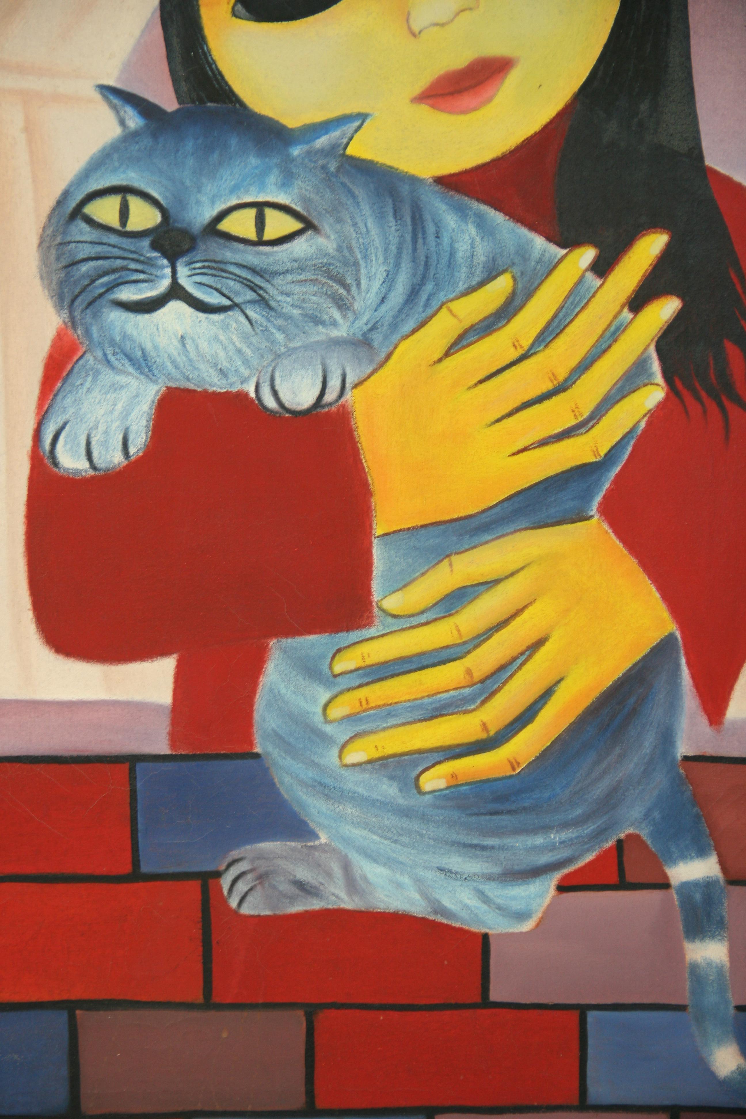 Vintage Modern French Girl with HerBlue  Cat - Brown Figurative Painting by Unknown