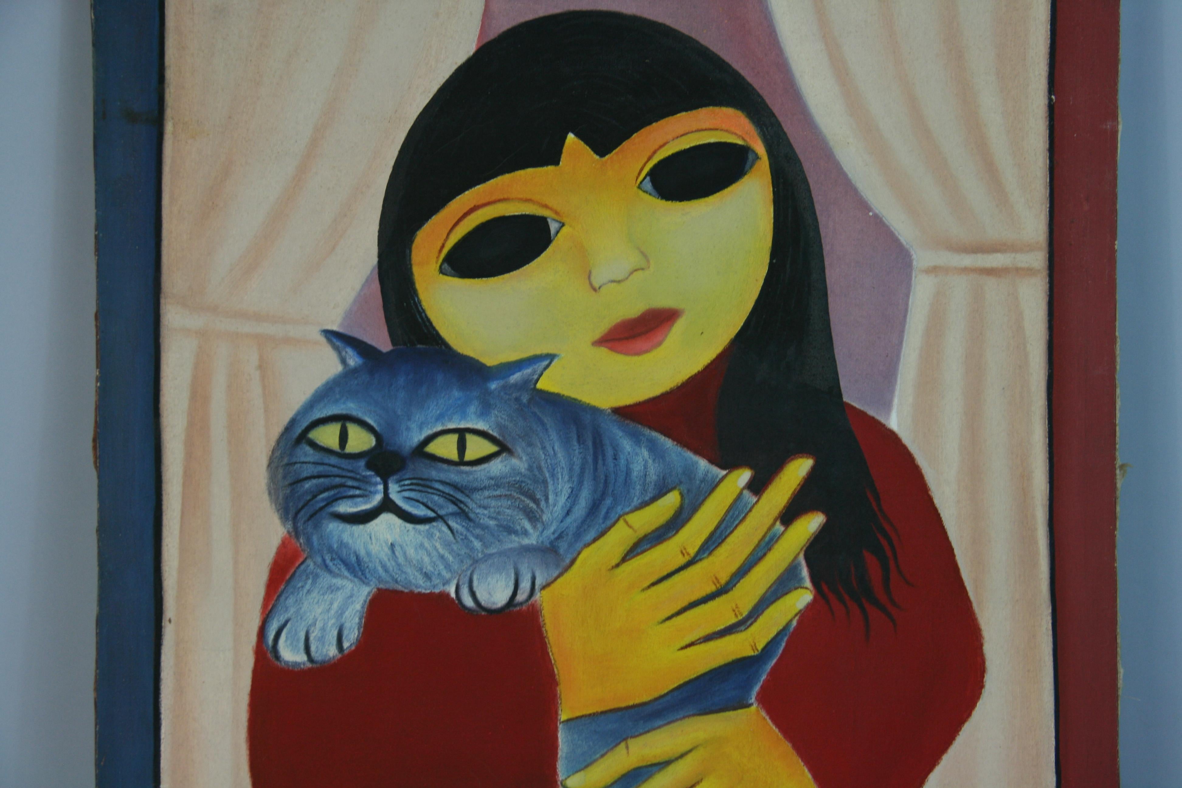 5007 Vintage Modern French girl with her cat acrylic on canvas
unframed
Signed Somia 1972