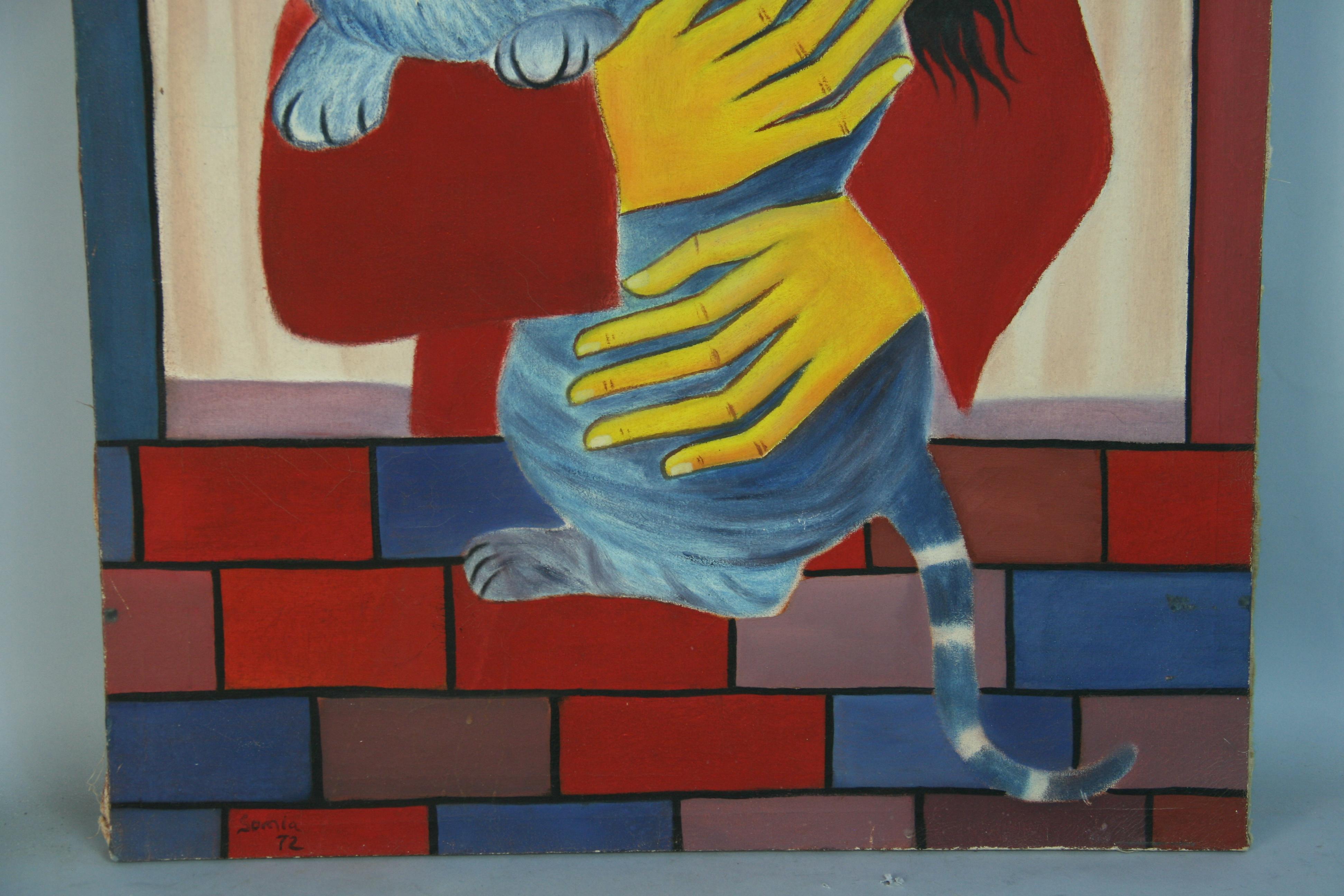 Vintage Modern French Girl with HerBlue  Cat For Sale 1
