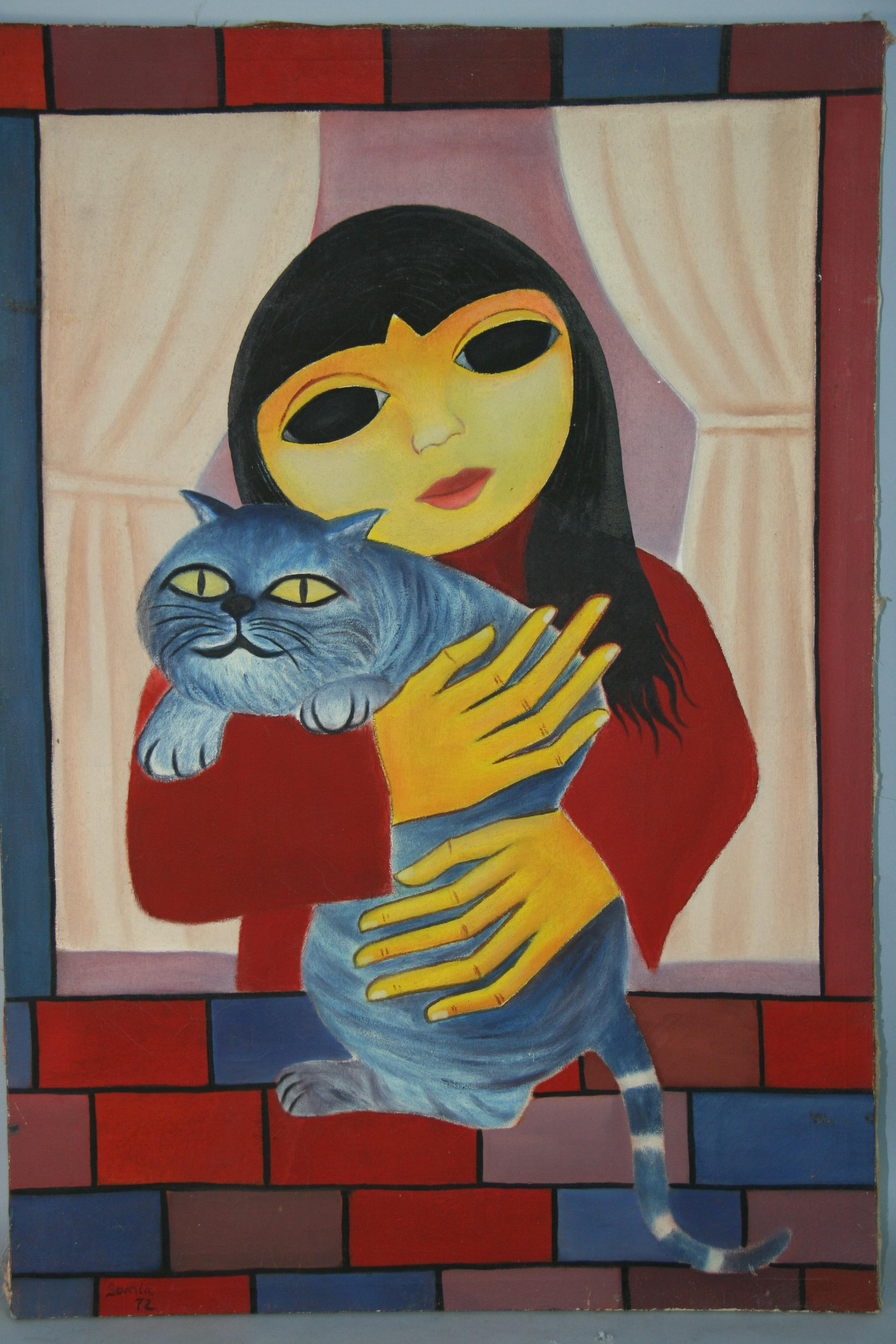 Vintage Modern French Girl with HerBlue  Cat For Sale 2