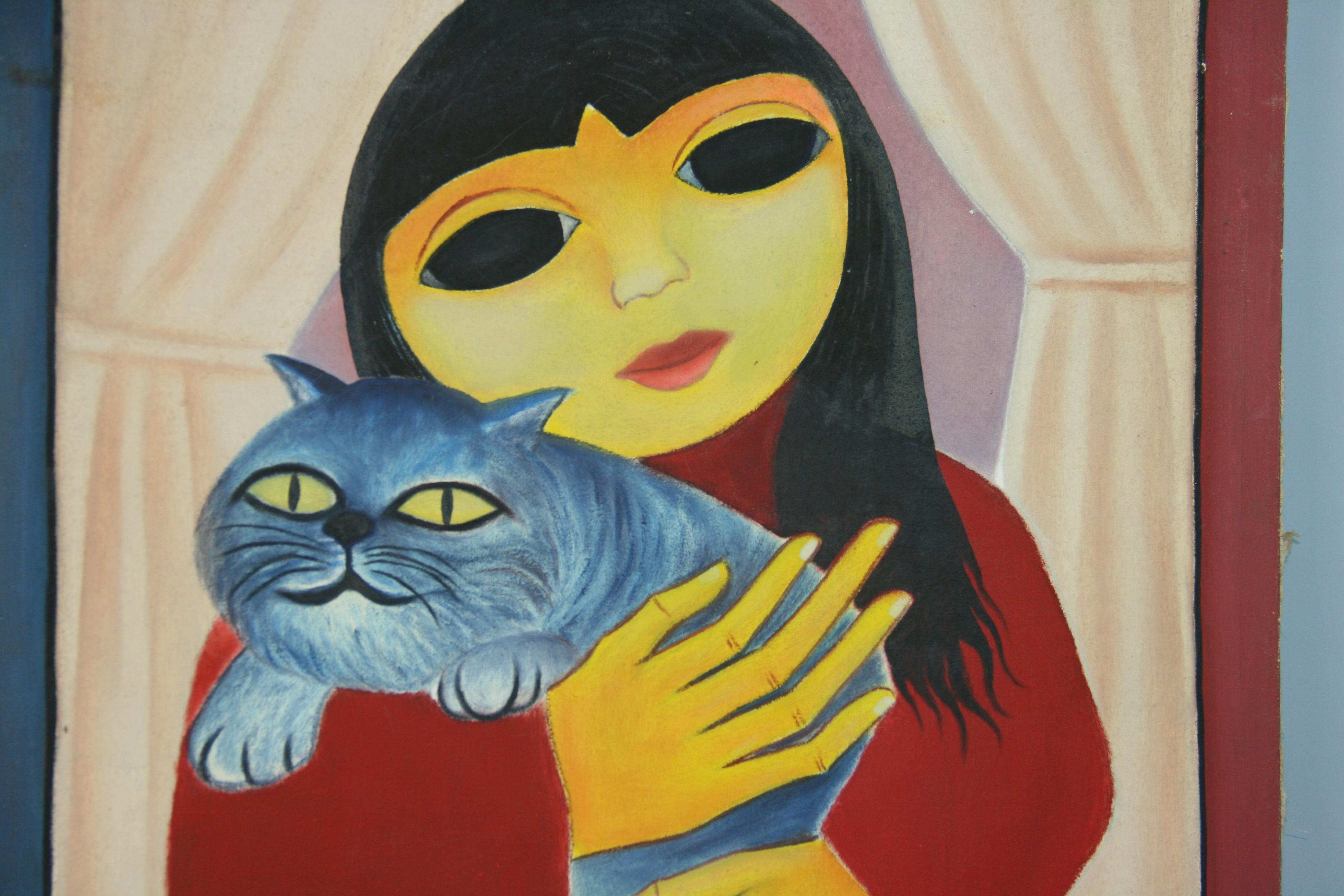 Vintage Modern French Girl with HerBlue  Cat For Sale 4