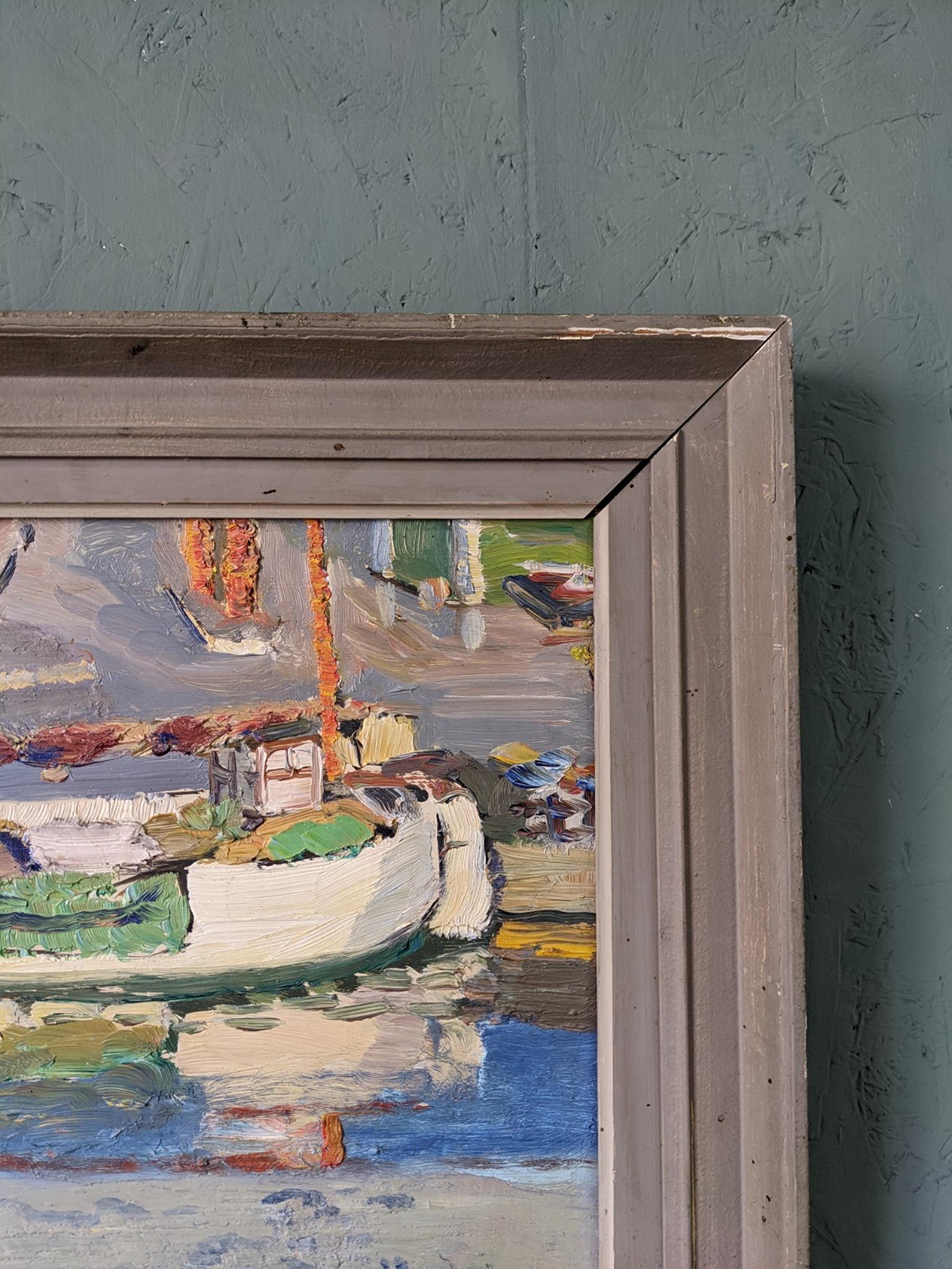 Peinture à l'huile suédoise moderne et vintage encadrée - Le bateau en vente 8
