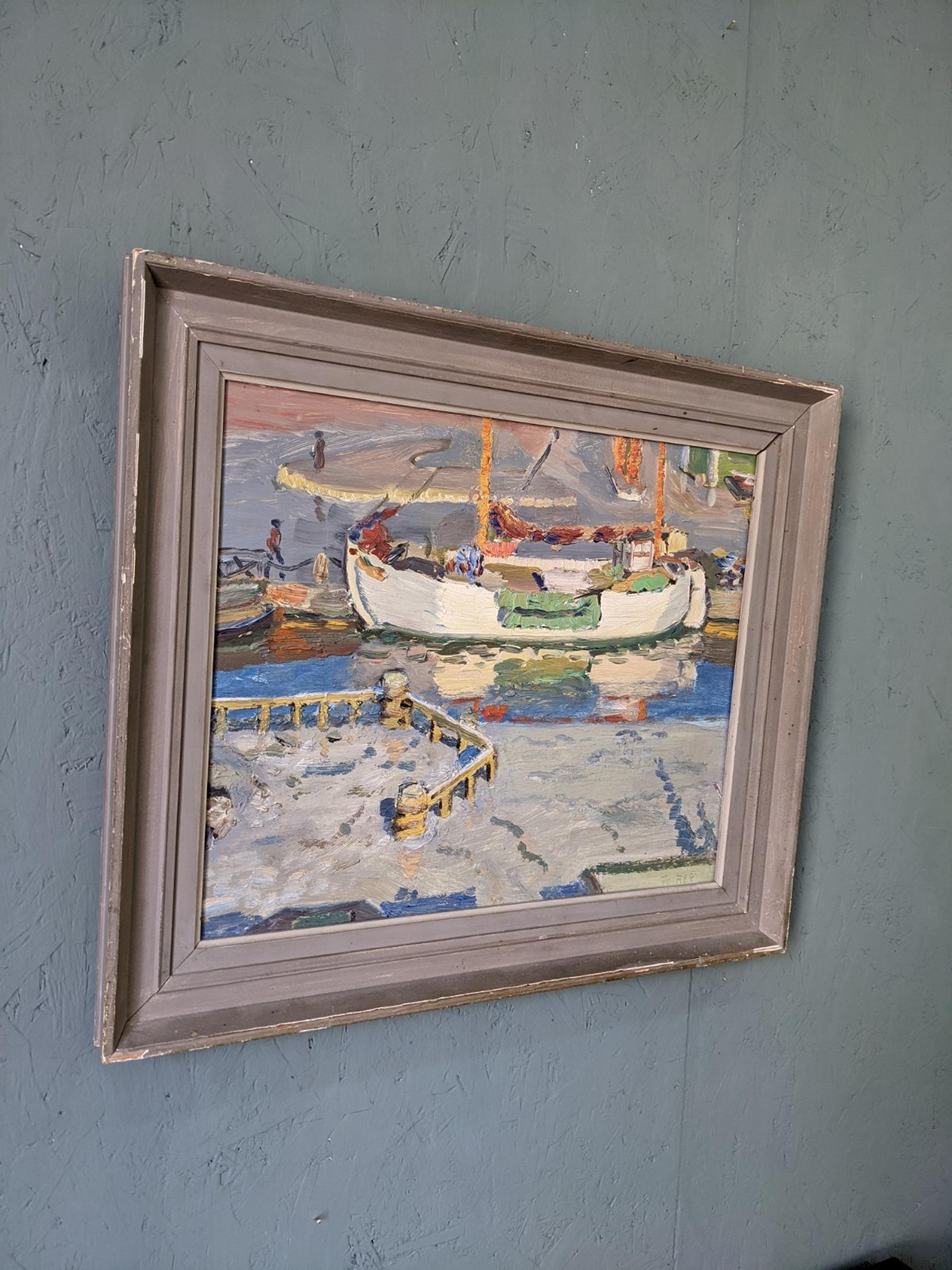 THE DOCK
Size: 49 x 57 cm (including frame)
Oil on canvas 

An expressive mid century modernist composition of a dockside, executed in oil onto board.

A large white boat that punctuates the center of the painting has just docked, and on the left,