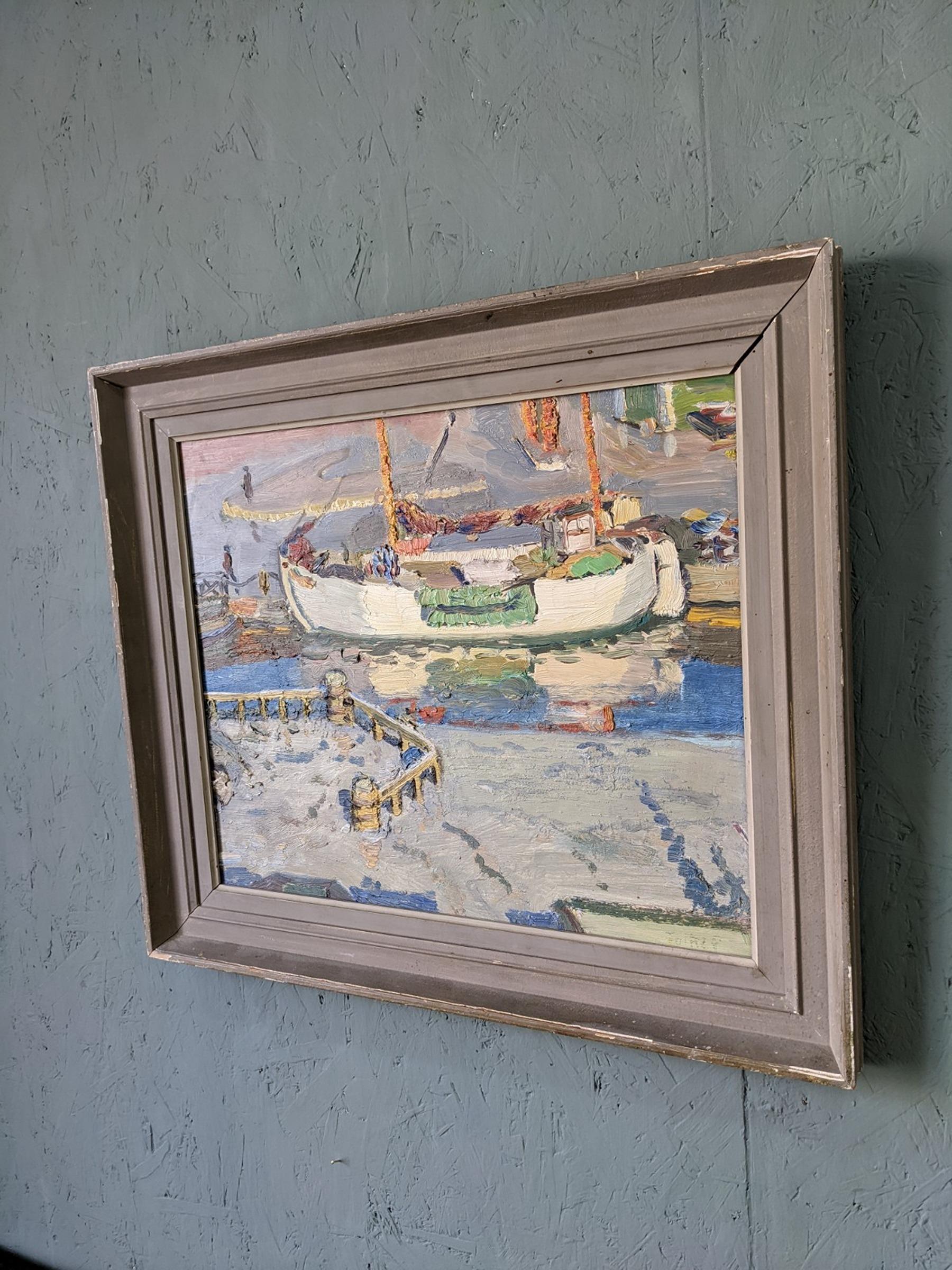 Vintage Modern Swedish Framed Oil Painting - The Dock For Sale 1