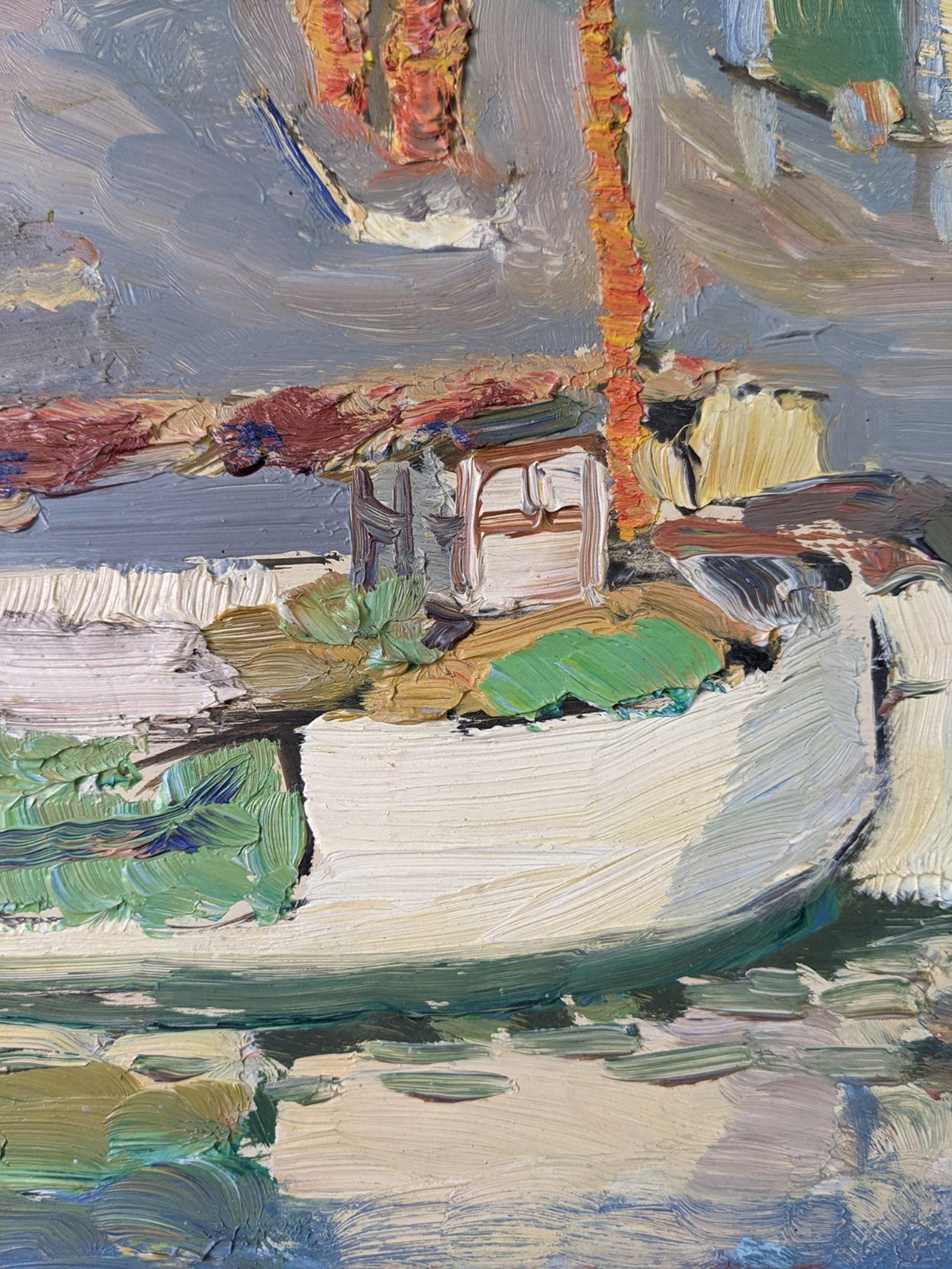 Peinture à l'huile suédoise moderne et vintage encadrée - Le bateau en vente 3