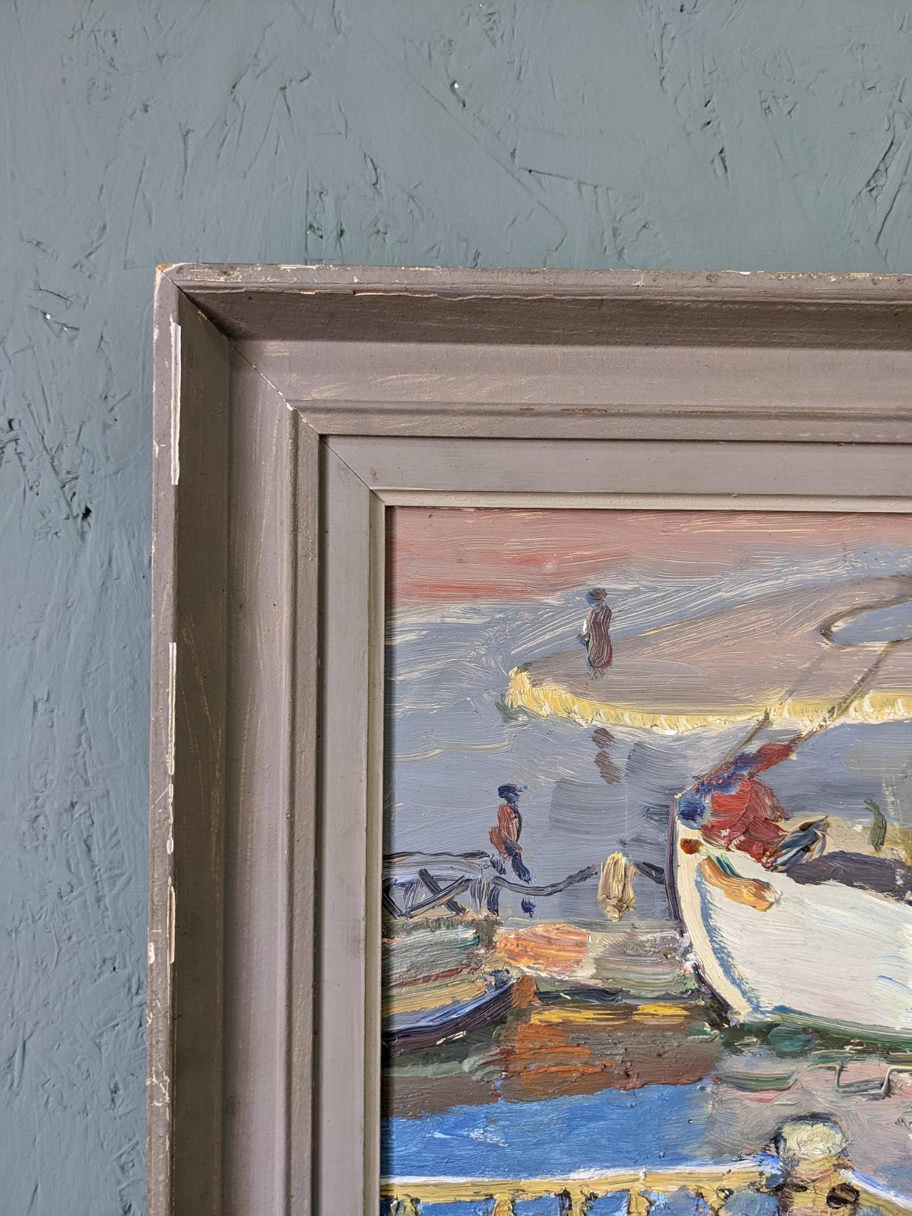 Peinture à l'huile suédoise moderne et vintage encadrée - Le bateau en vente 5