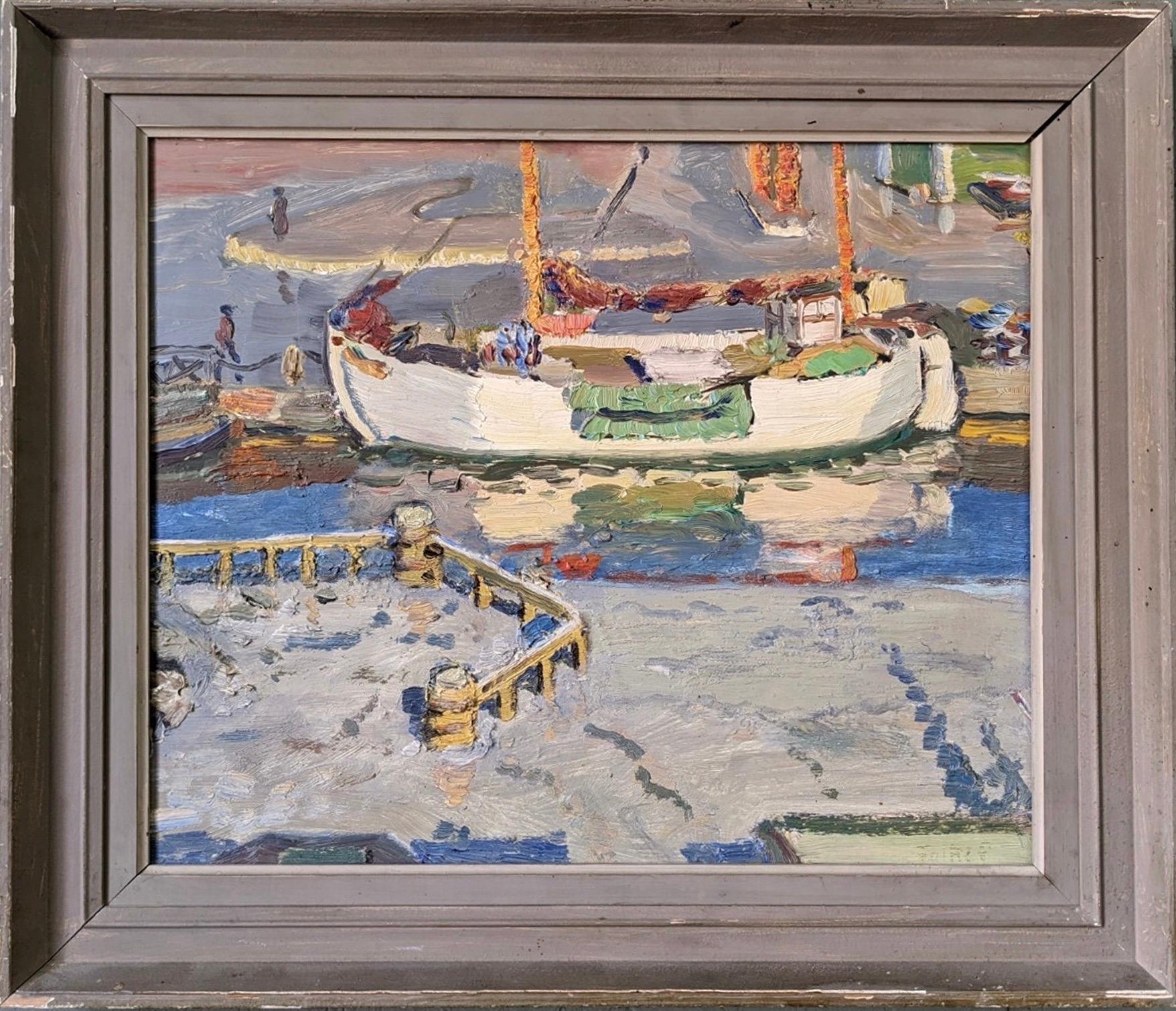 Landscape Painting Unknown - Peinture à l'huile suédoise moderne et vintage encadrée - Le bateau