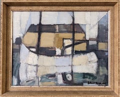 Vintage Modern Swedish Geometric Abstract Framed Oil Painting - Boat in Port