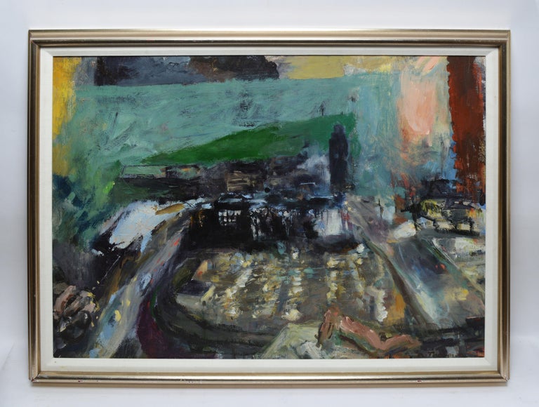 Vintage Modernist Abstract Cityscape Oil Painting - Gray Landscape Painting by Unknown