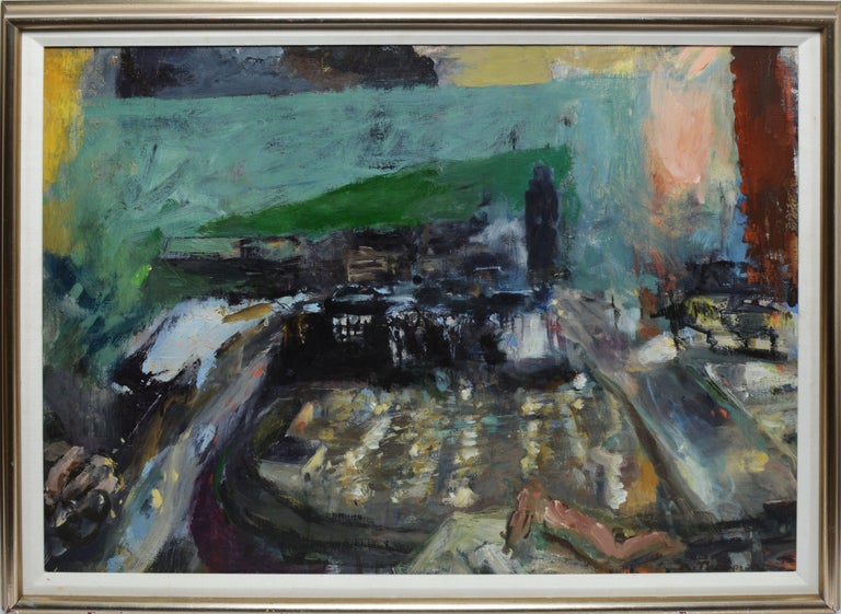 Unknown Landscape Painting - Vintage Modernist Abstract Cityscape Oil Painting