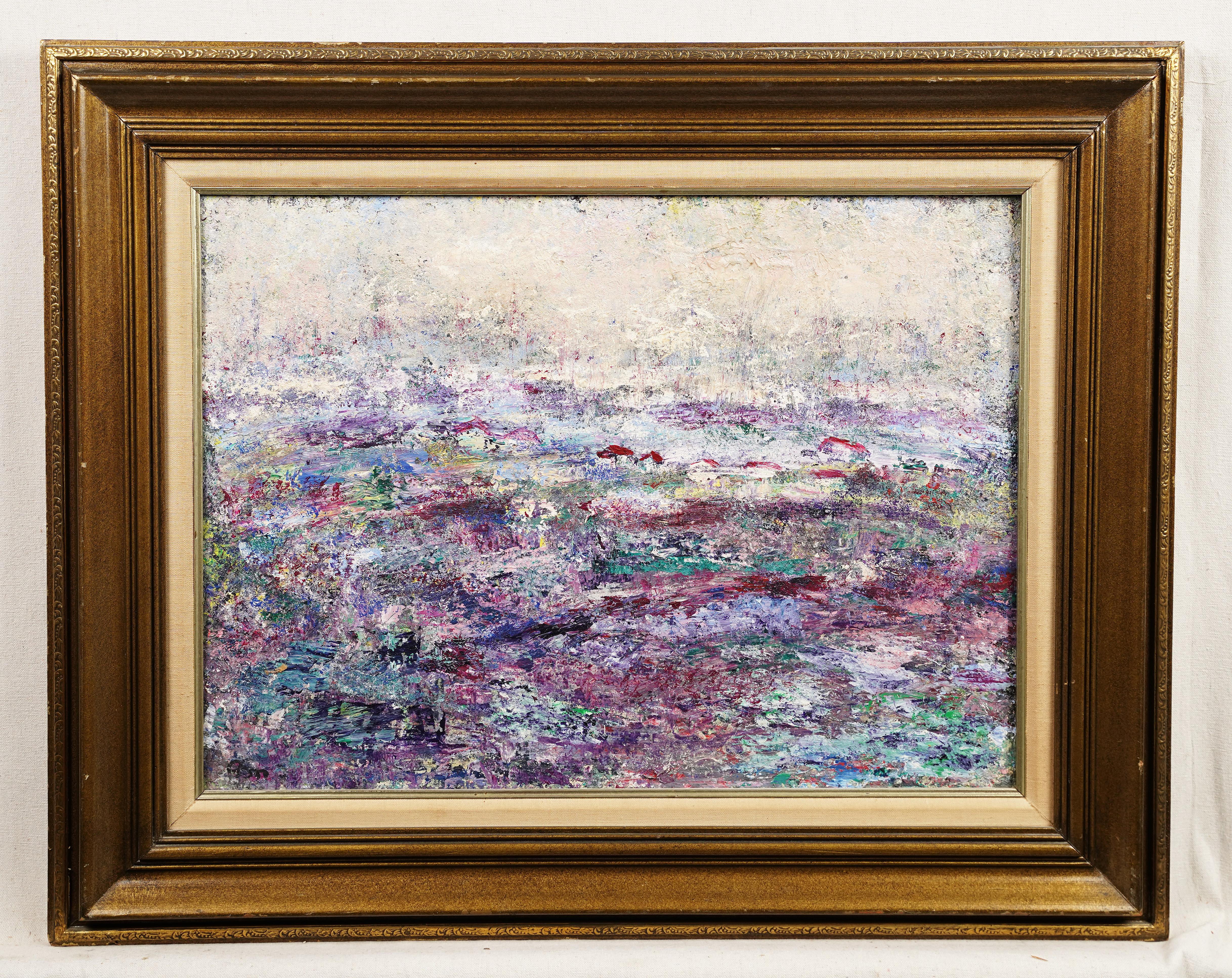 Vintage Modernist Abstract Flower Field European Town Landscape Framed Painting - Brown Landscape Painting by Unknown