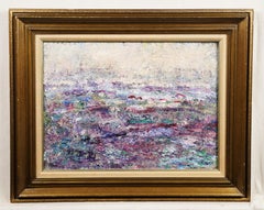 Vintage Modernist Abstract Flower Field European Town Landscape Framed Painting