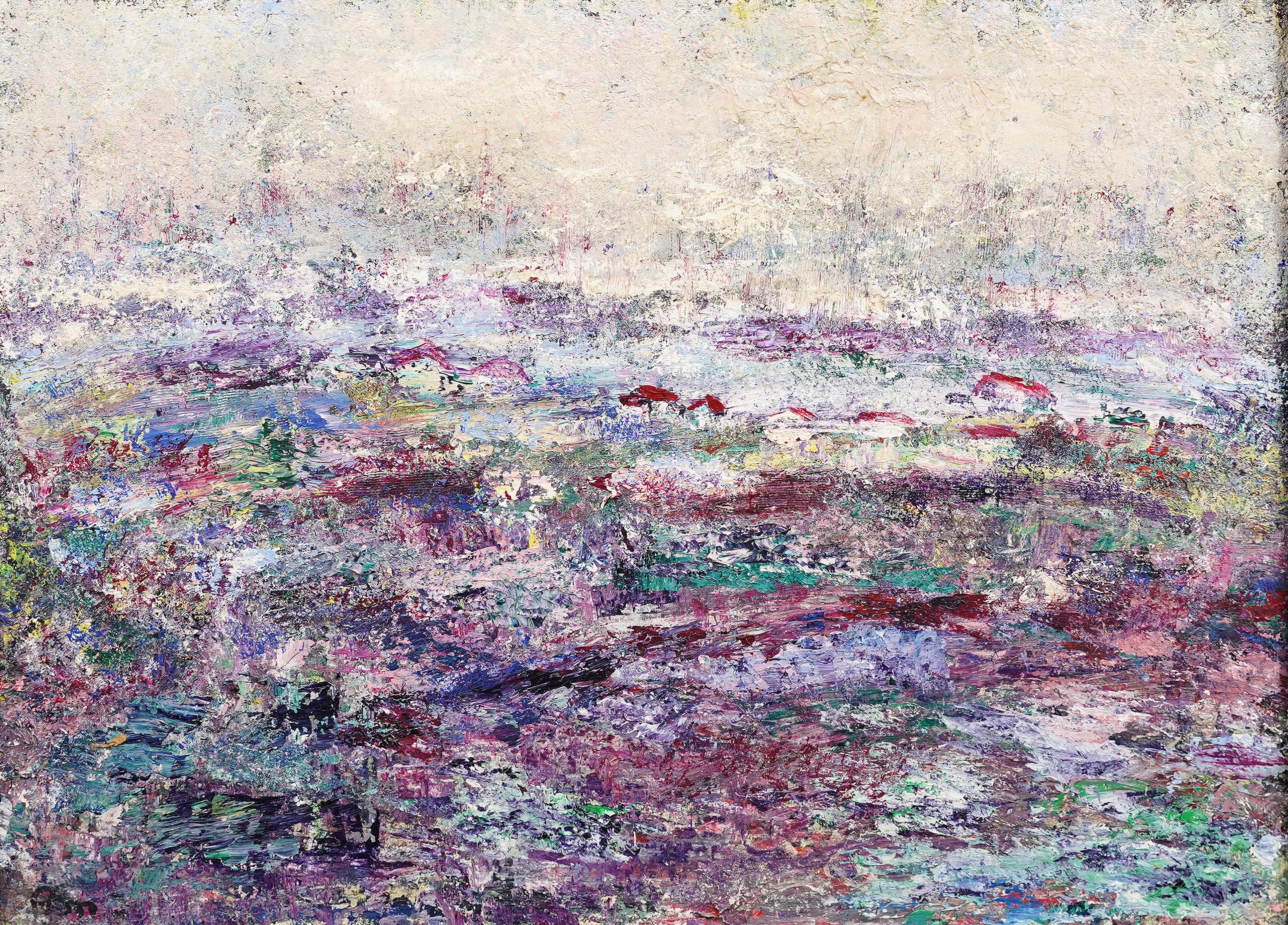 Vintage Modernist Abstract Flower Field European Town Landscape Pintura enmarcada - Landscape Painting Marrón de Unknown
