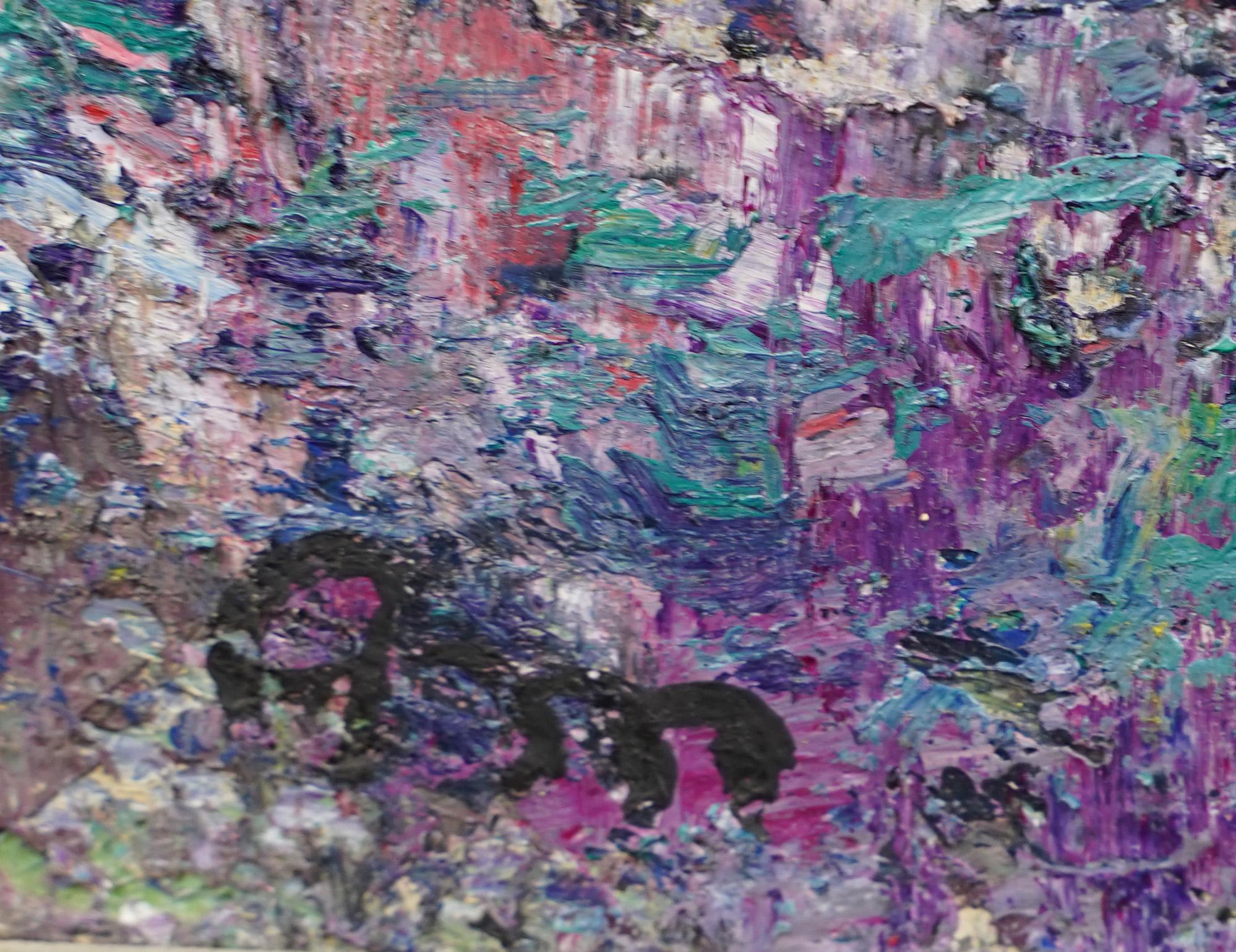 Vintage Modernist Abstract Flower Field European Town Landscape Pintura enmarcada en venta 1
