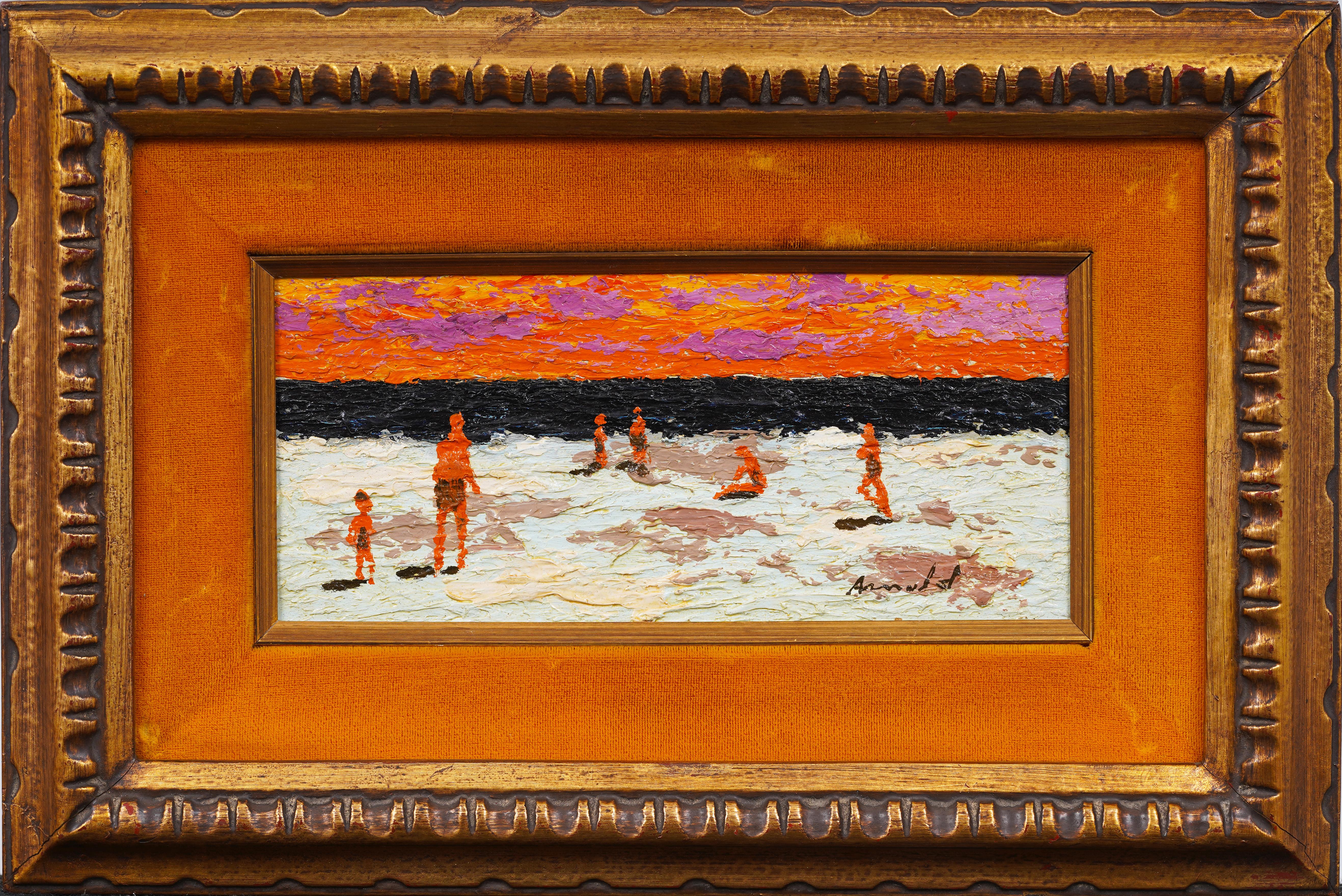 Vintage Modernist Beach Sunset Vibrantly Toned Seascape Oil Painting