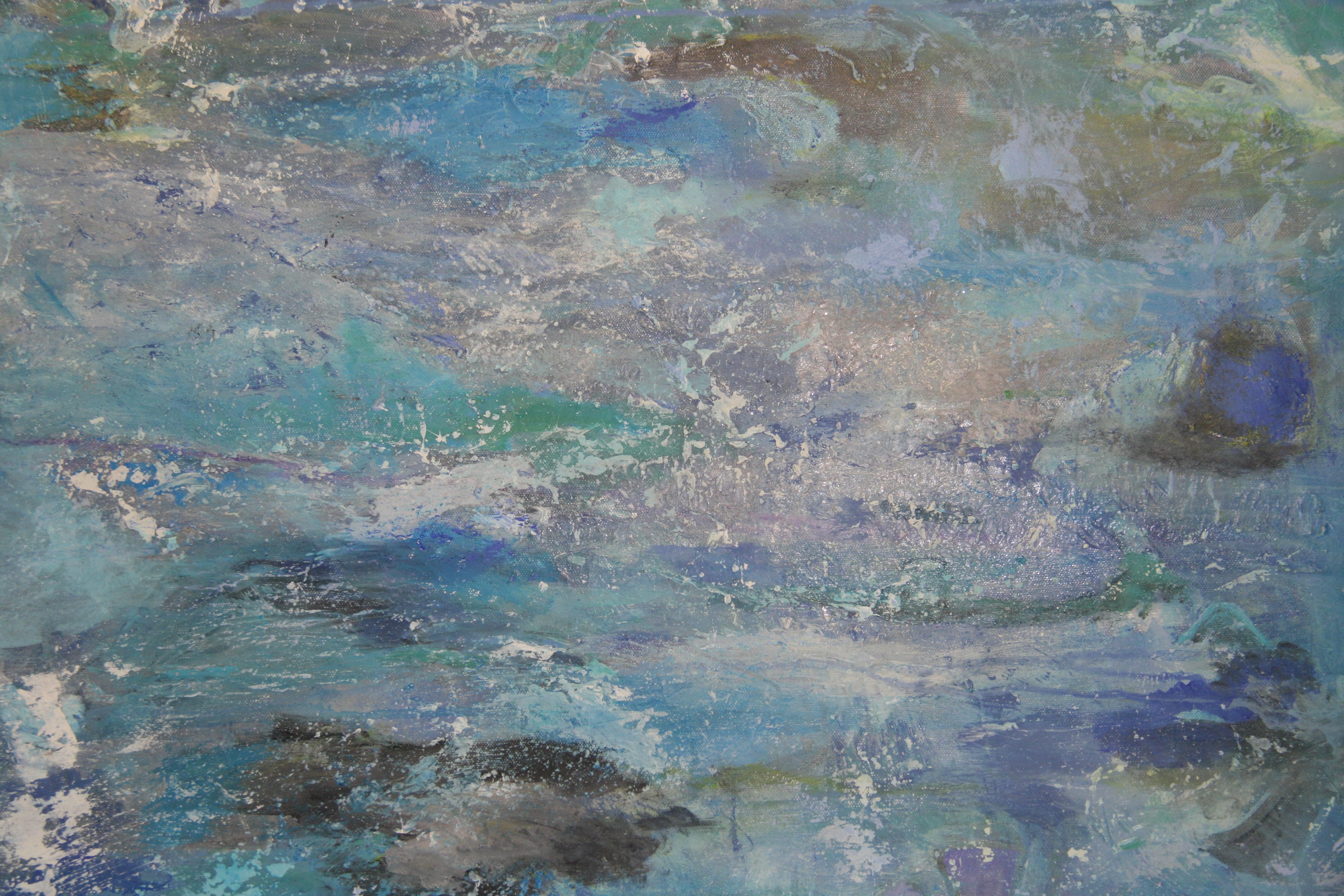 Vintage Modernist Blue Misty Sea de l'artiste italien T.Carillo - Gris Abstract Painting par Unknown