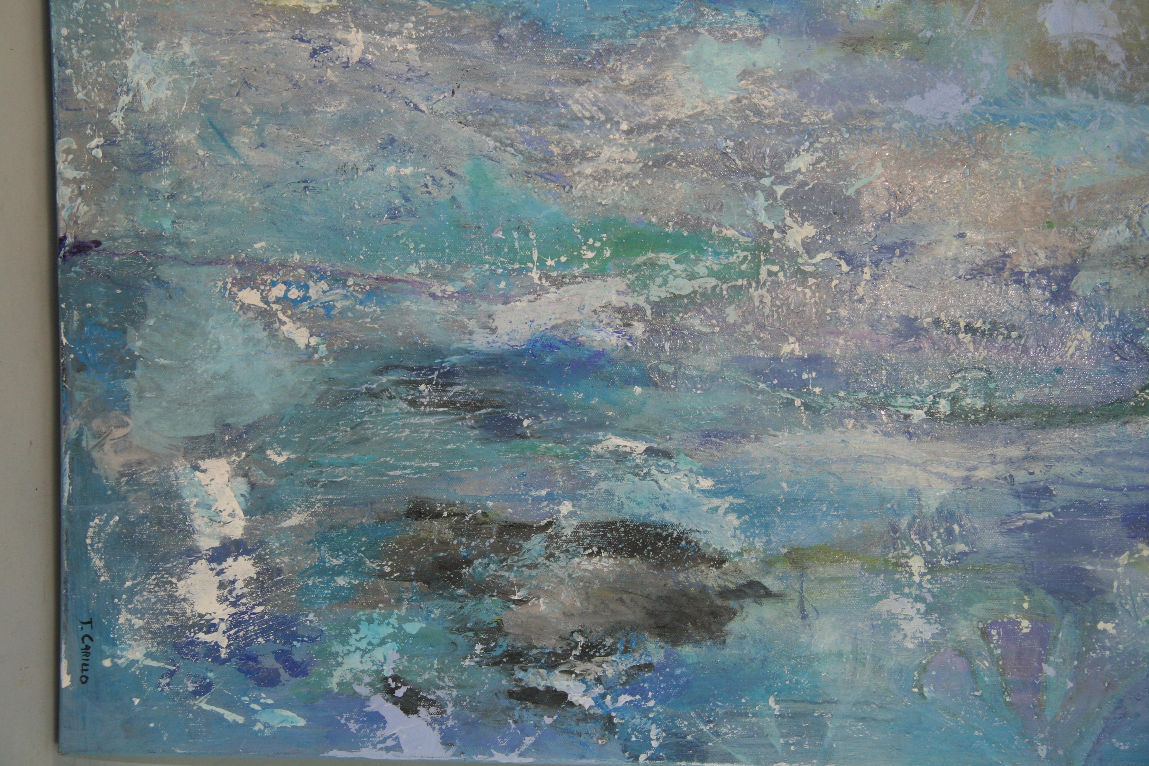 5082 Peinture de paysage marin brumeux moderniste dans les tons de bleu.
Toile striée  peint sur le bord, pas besoin de cadre