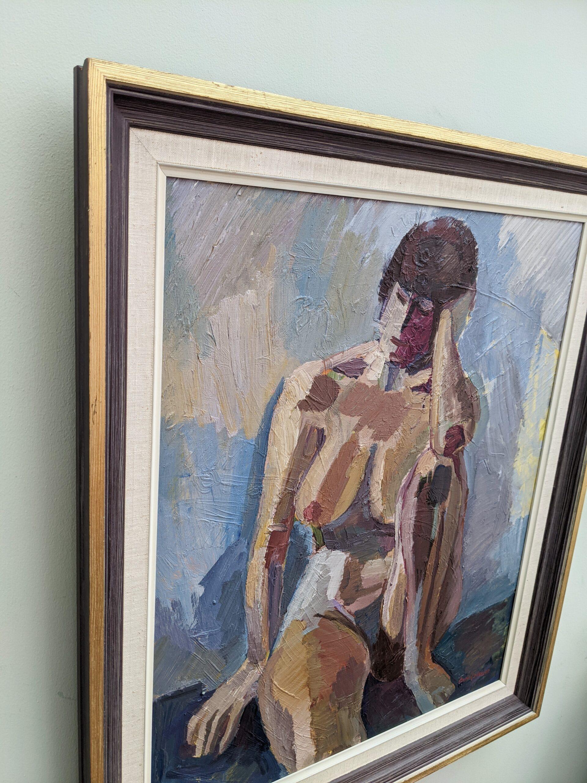 Vintage Modernist Framed Figurative Swedish Oil Painting - Pensive Nude 3
