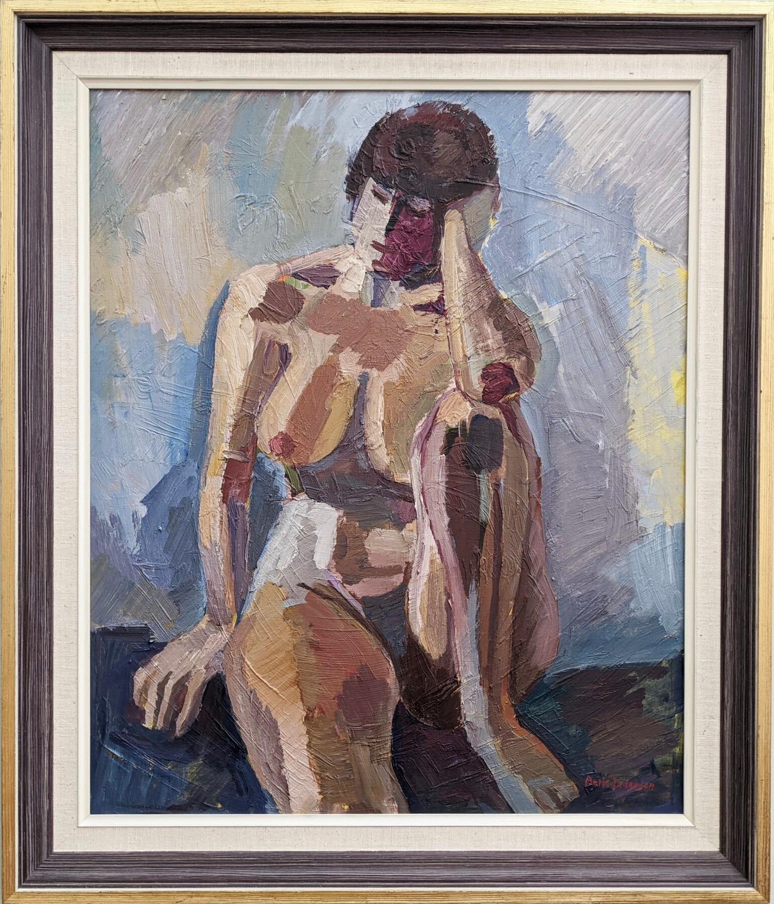 Vintage Modernist Framed Figurative Swedish Oil Painting - Pensive Nude