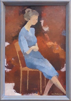 Vintage Modernist Framed Portrait Swedish Oil Painting - Lady in Waiting
