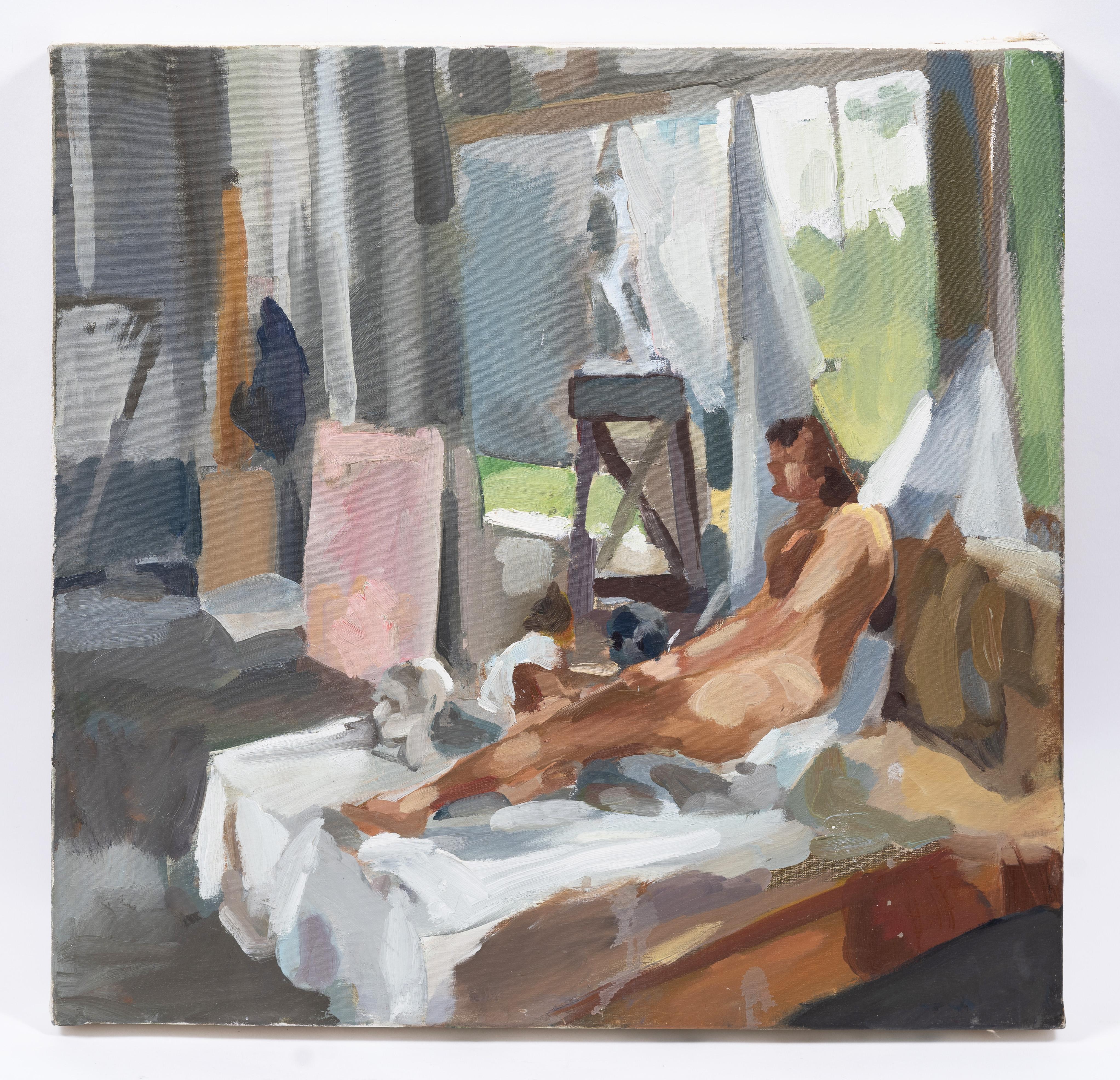 Vintage Modernist Interior Scene Nude Portrait Artist Studio Oil Painting 1