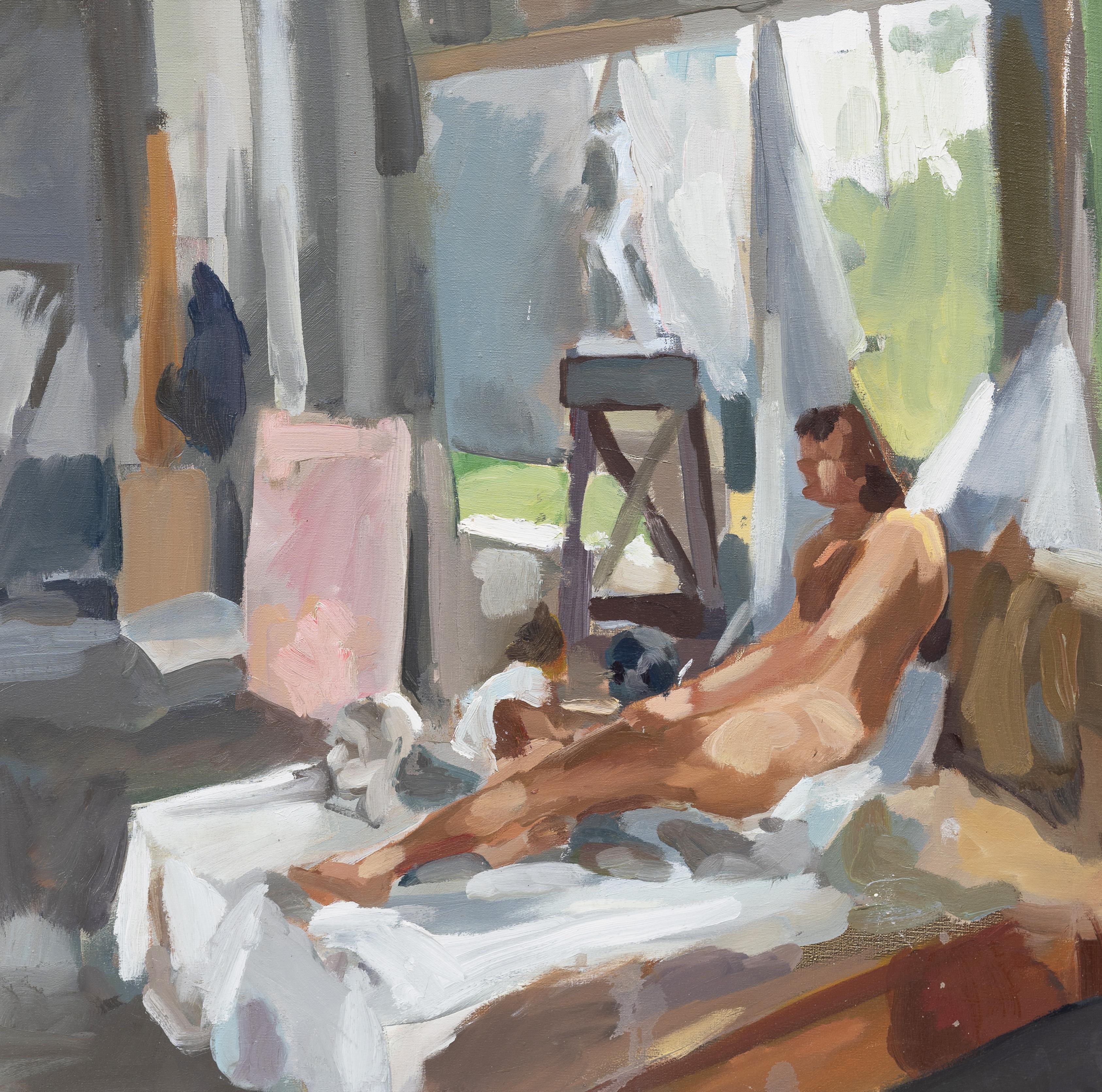 Vintage Modernist Interior Scene Nude Portrait Artist Studio Oil Painting 2