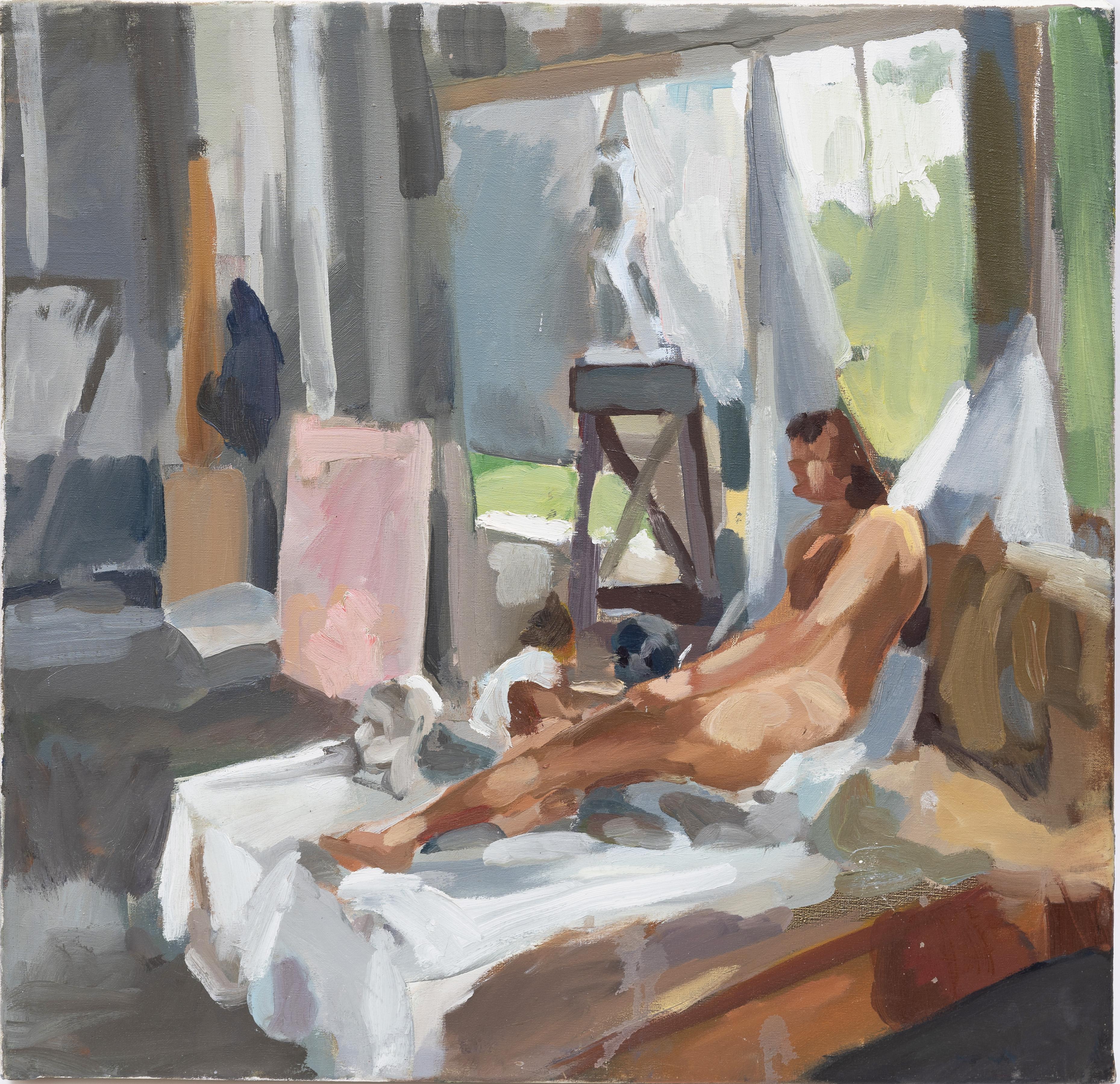 Unknown Portrait Painting - Vintage Modernist Interior Scene Nude Portrait Artist Studio Oil Painting
