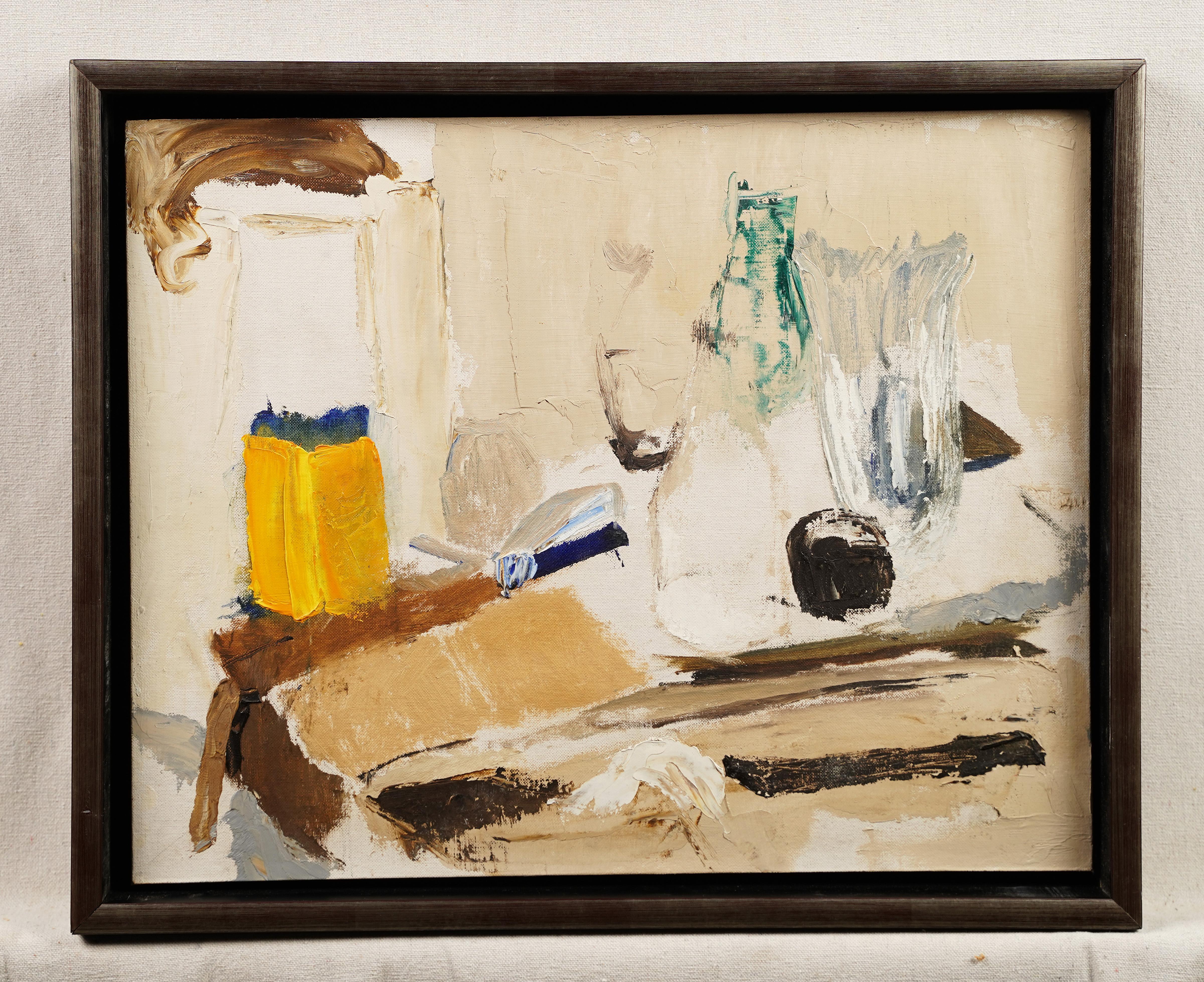 Vintage modernist abstract kitchen still life oil painting.  Oil on board. Framed.  Image size, 20L x 16H.