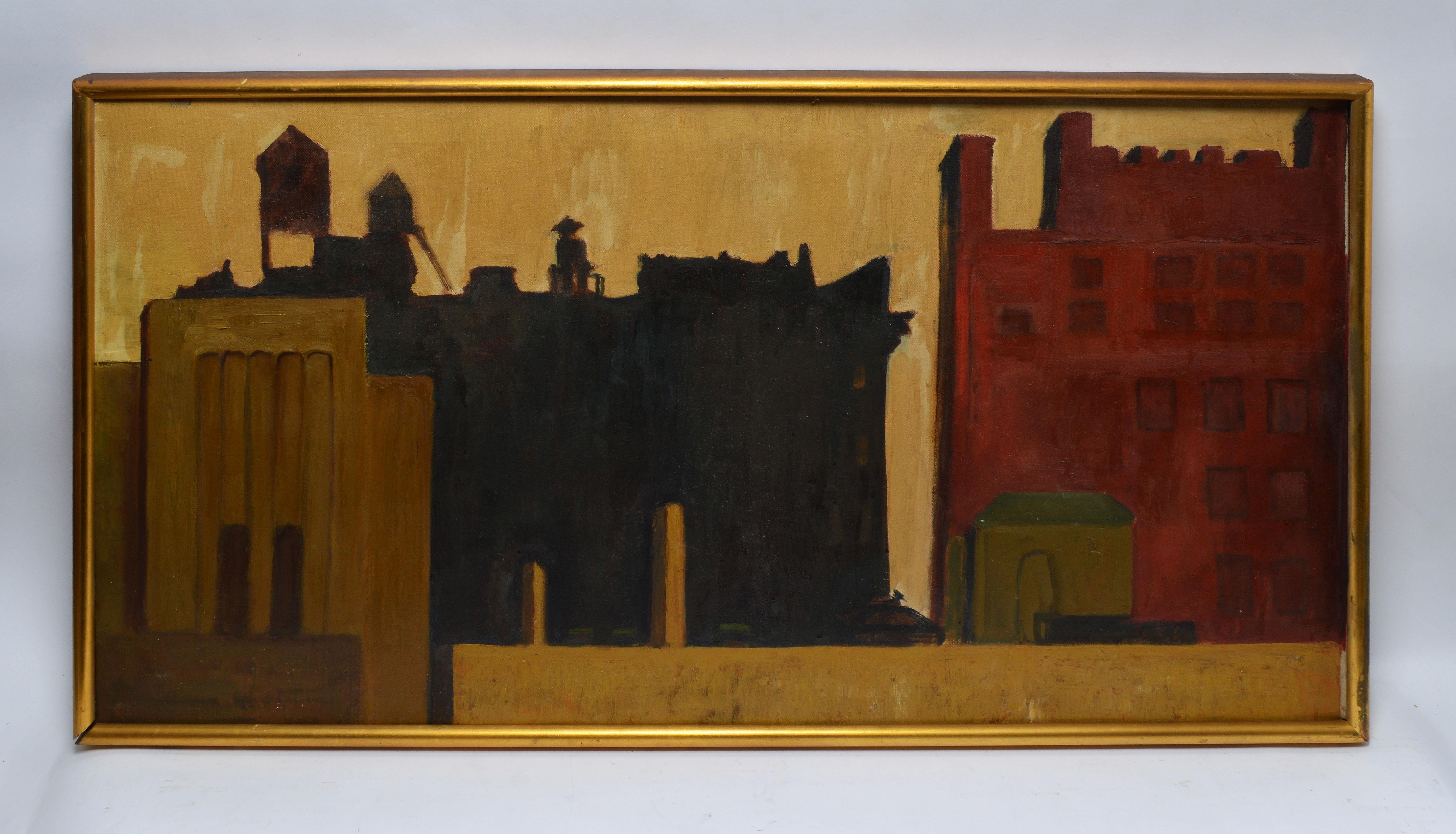 Vintage Modernist New York School WPA Ashcan Cityscape Oil Painting - Brown Landscape Painting by Unknown