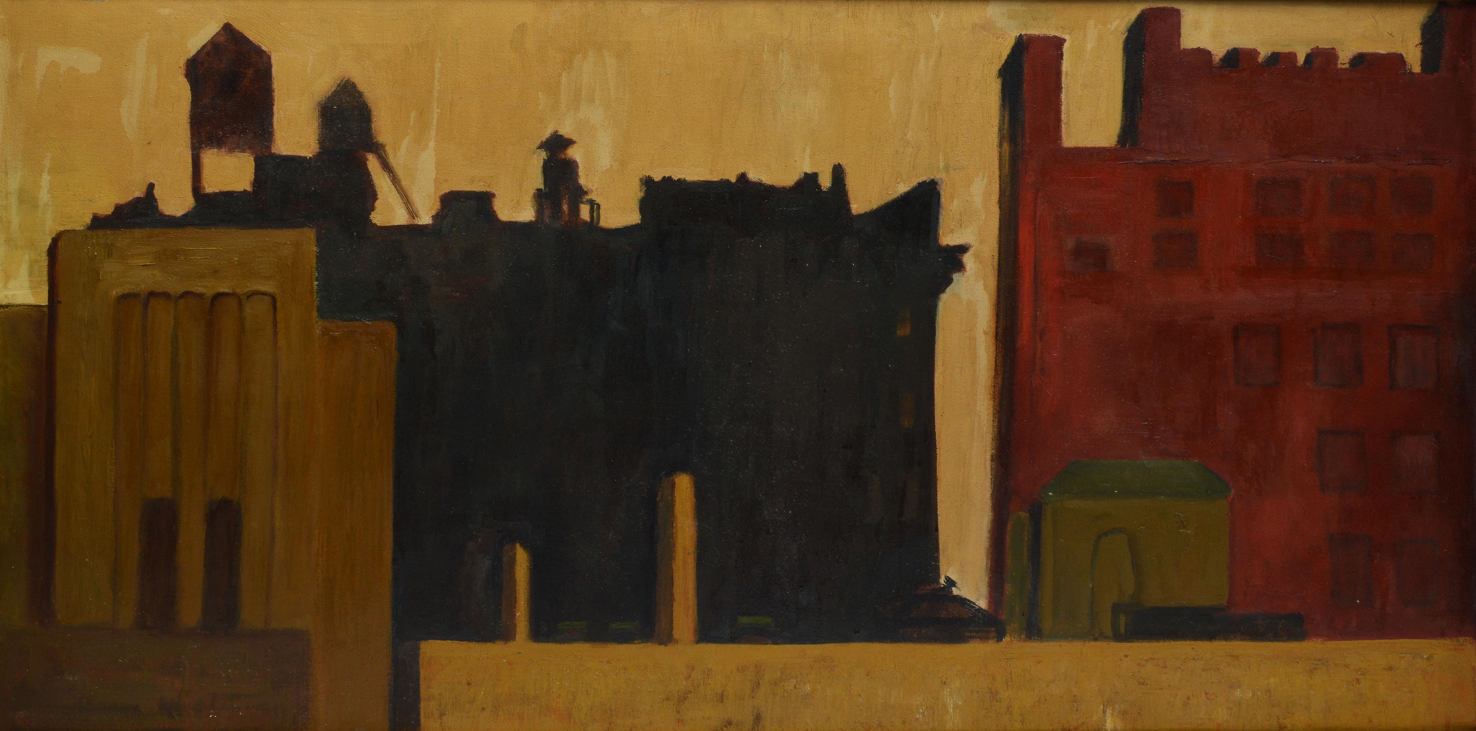 Vintage modernist cityscape oil painting.  Oil on canvas, circa 1940.  Unsigned.  Displayed in a period modernist frame.  Image, 36