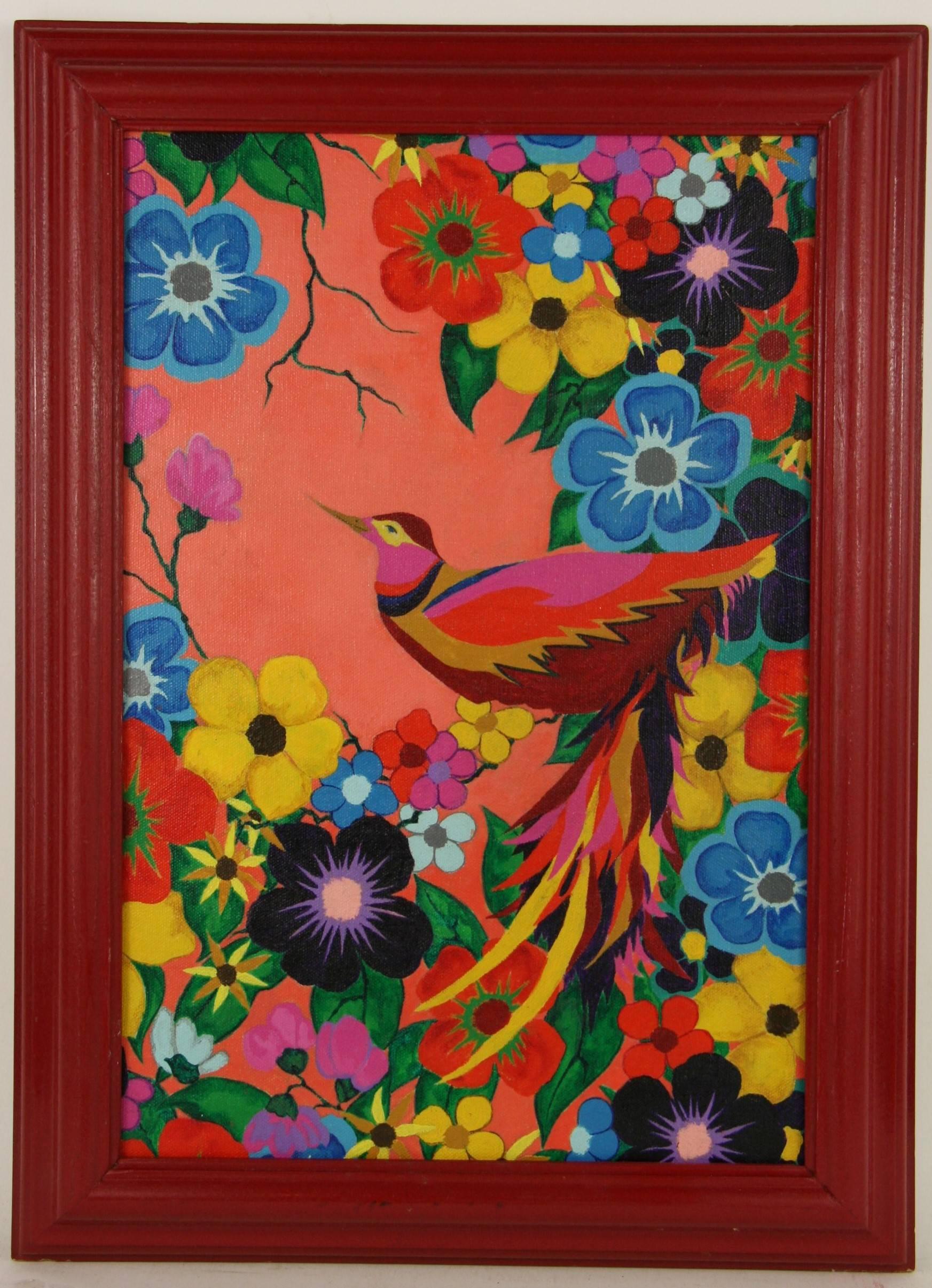 Vintage Modernista  Fiori tropicali esotici e  Uccello Rosso Pittura ad olio - Painting di Unknown