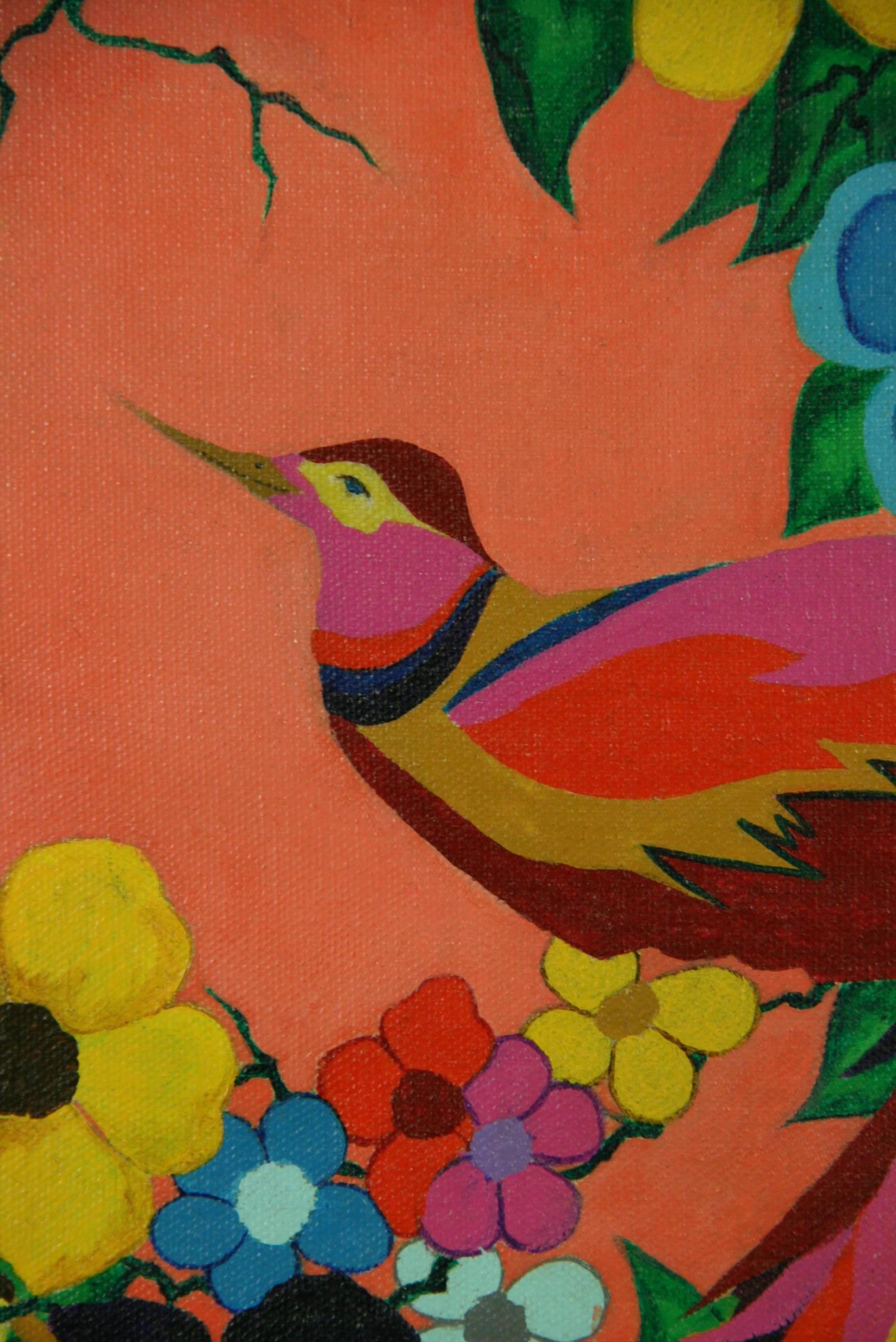 Vintage Modernista  Fiori tropicali esotici e  Uccello Rosso Pittura ad olio - Animal Painting Marrone di Unknown