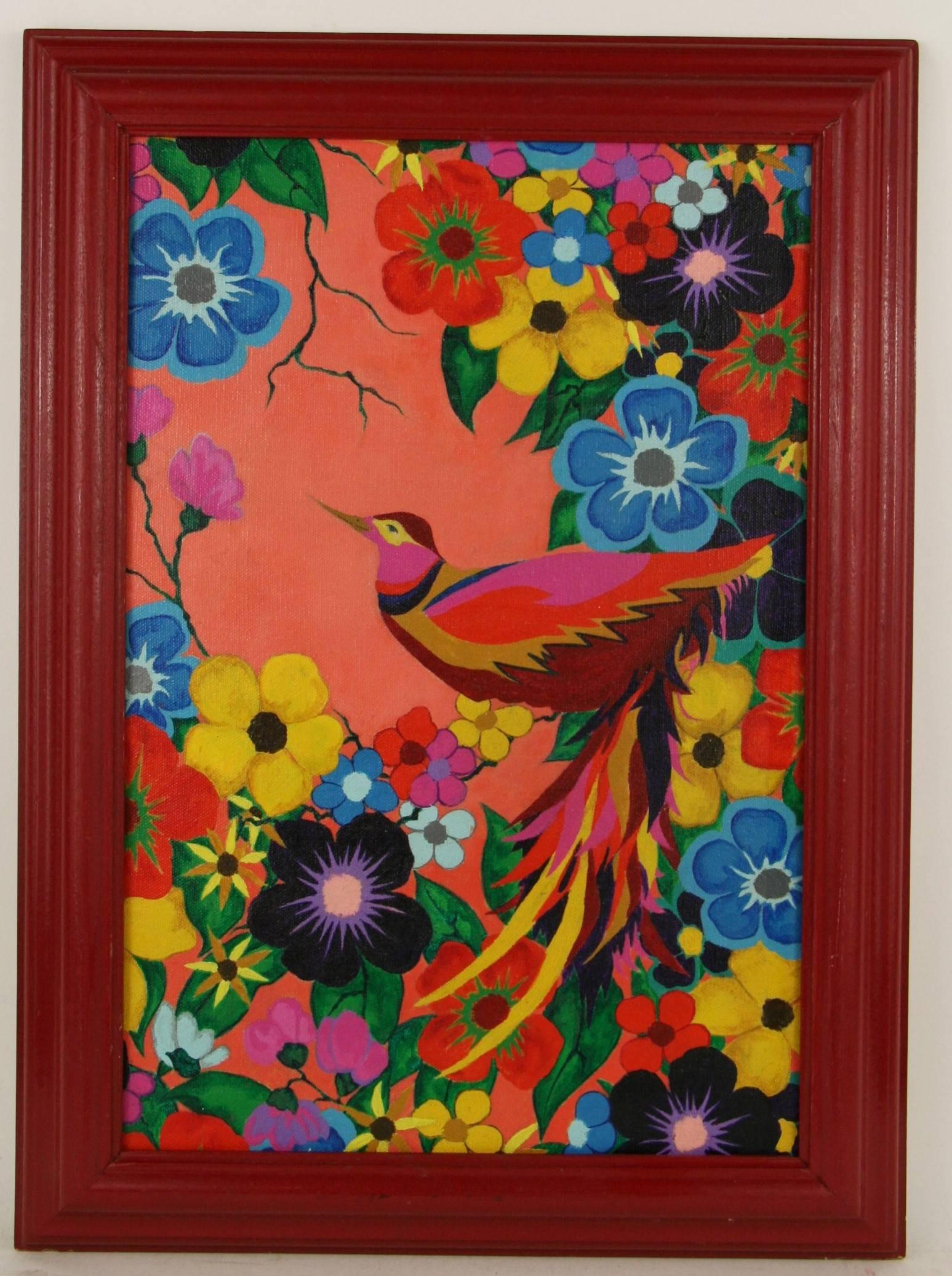 Animal Painting di Unknown - Vintage Modernista  Fiori tropicali esotici e  Uccello Rosso Pittura ad olio