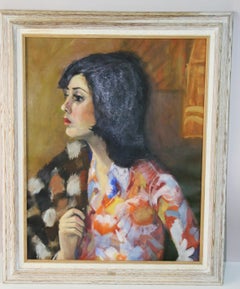 Pittura ad olio modernista d'epoca "Giovane donna pensierosa dai capelli scuri".