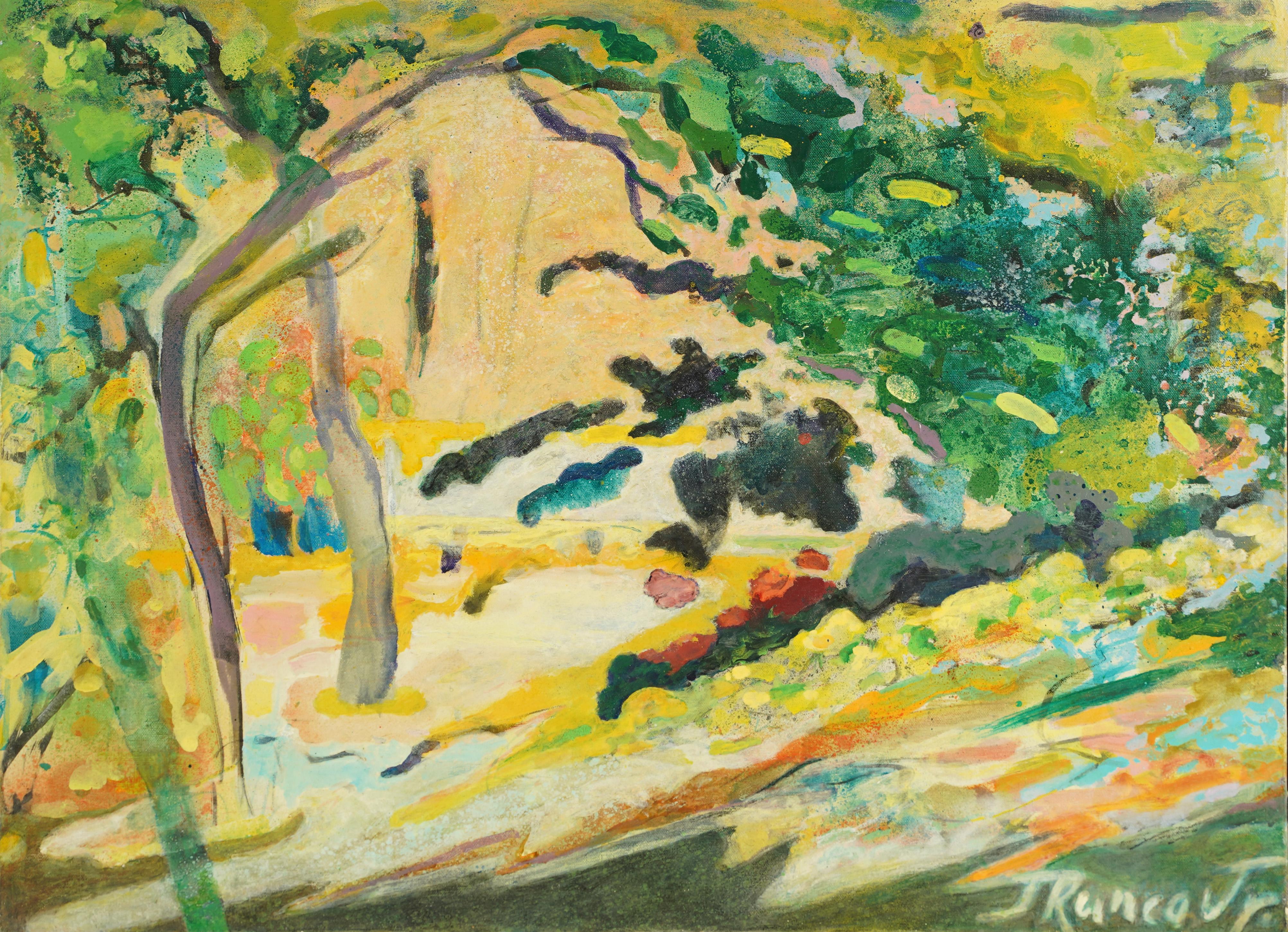 Pittura ad olio vintage modernista, firmata, con esposizione di un paesaggio fauvista astratto - Abstract Painting Marrone di Unknown