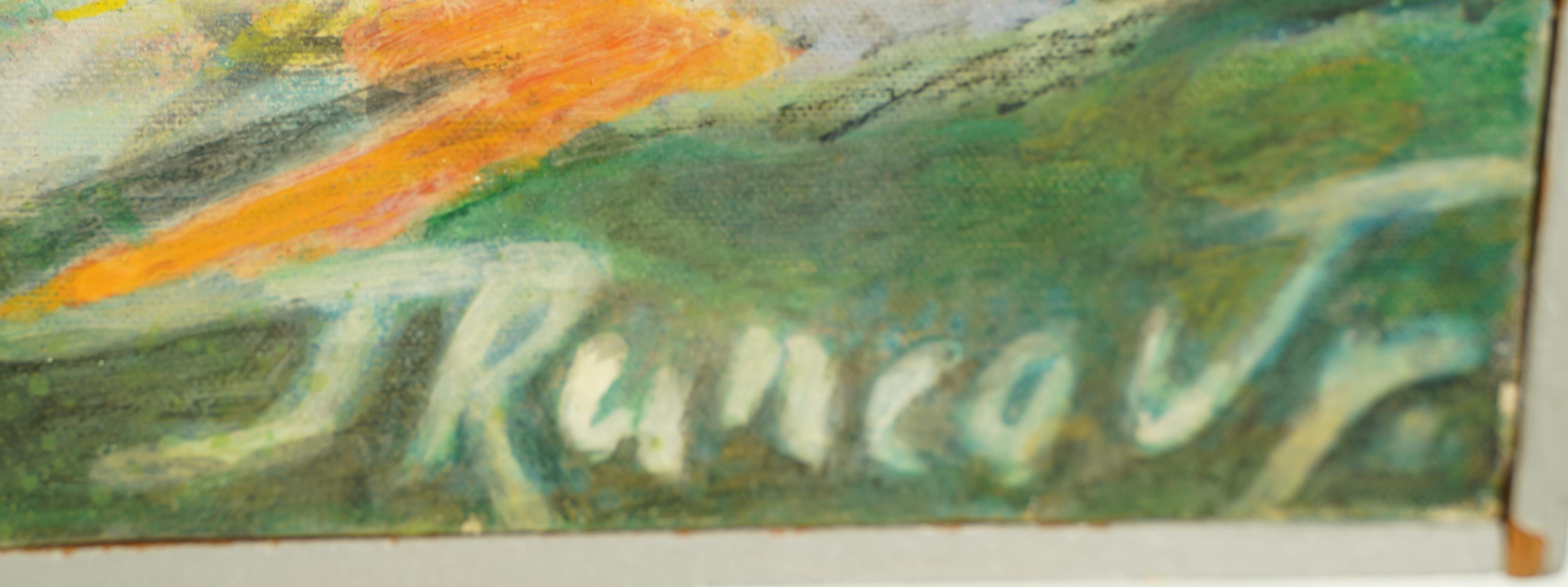 Pittura ad olio vintage modernista, firmata, con esposizione di un paesaggio fauvista astratto 1